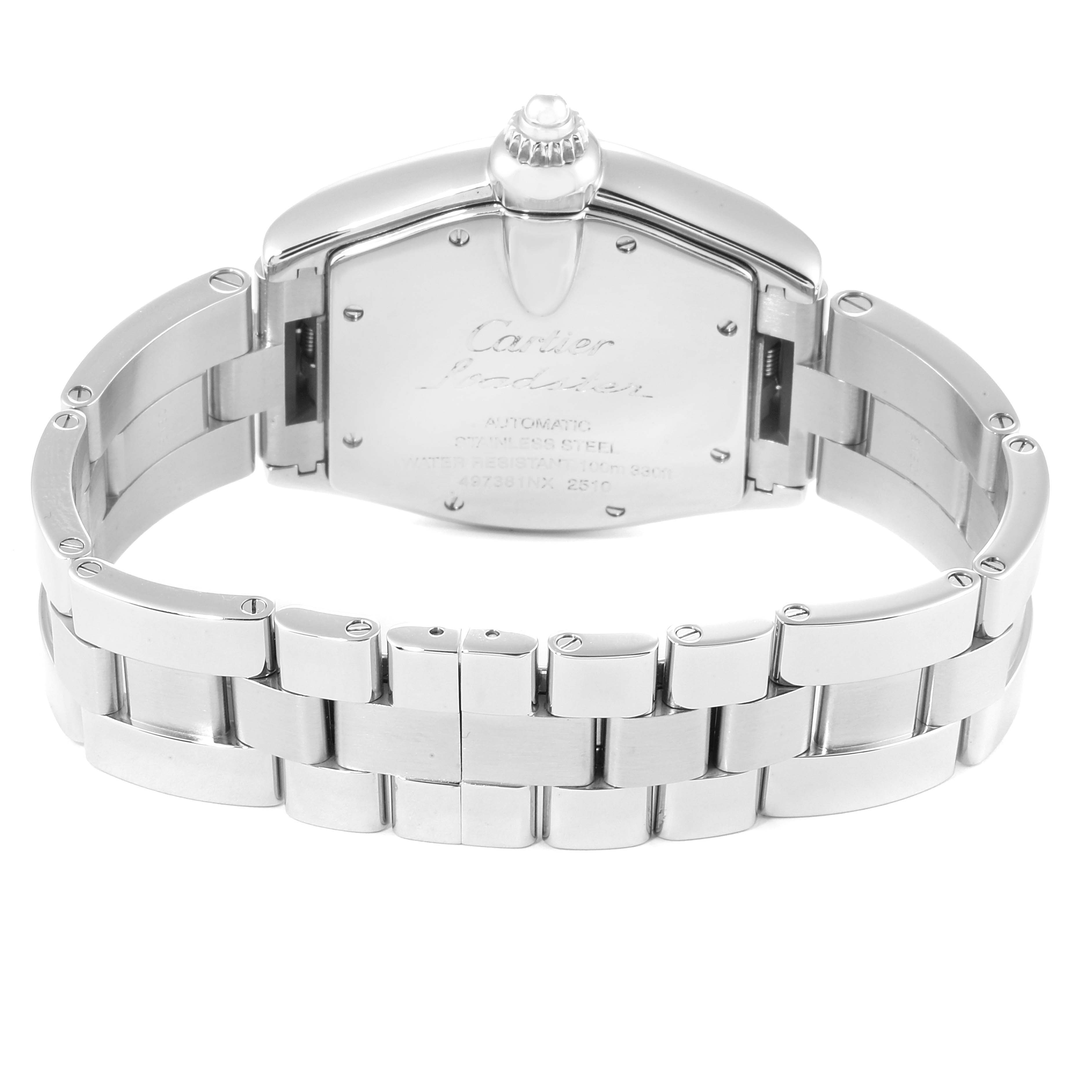 The image shows the back of the Cartier Roadster W62025V3 Men's Stainless Steel Silver Dial W62025V3 Men's Stainless Steel Silver Dial watch, including the stainless steel bracelet and case back.