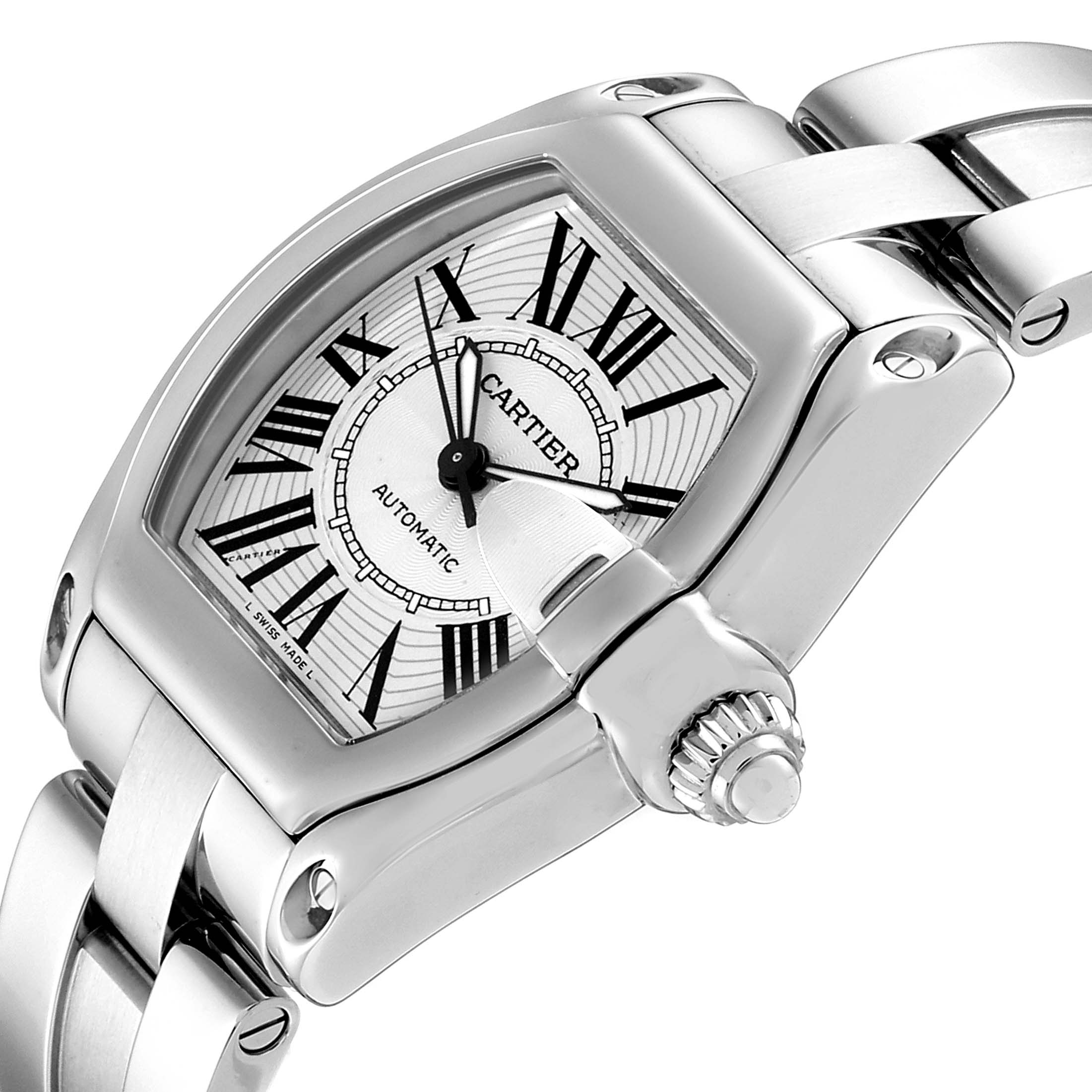 This image shows the Cartier Roadster W62025V3 Men's Stainless Steel Silver Dial W62025V3 Men's Stainless Steel Silver Dial watch at a slight angle emphasizing the bezel, dial, crown, and bracelet.