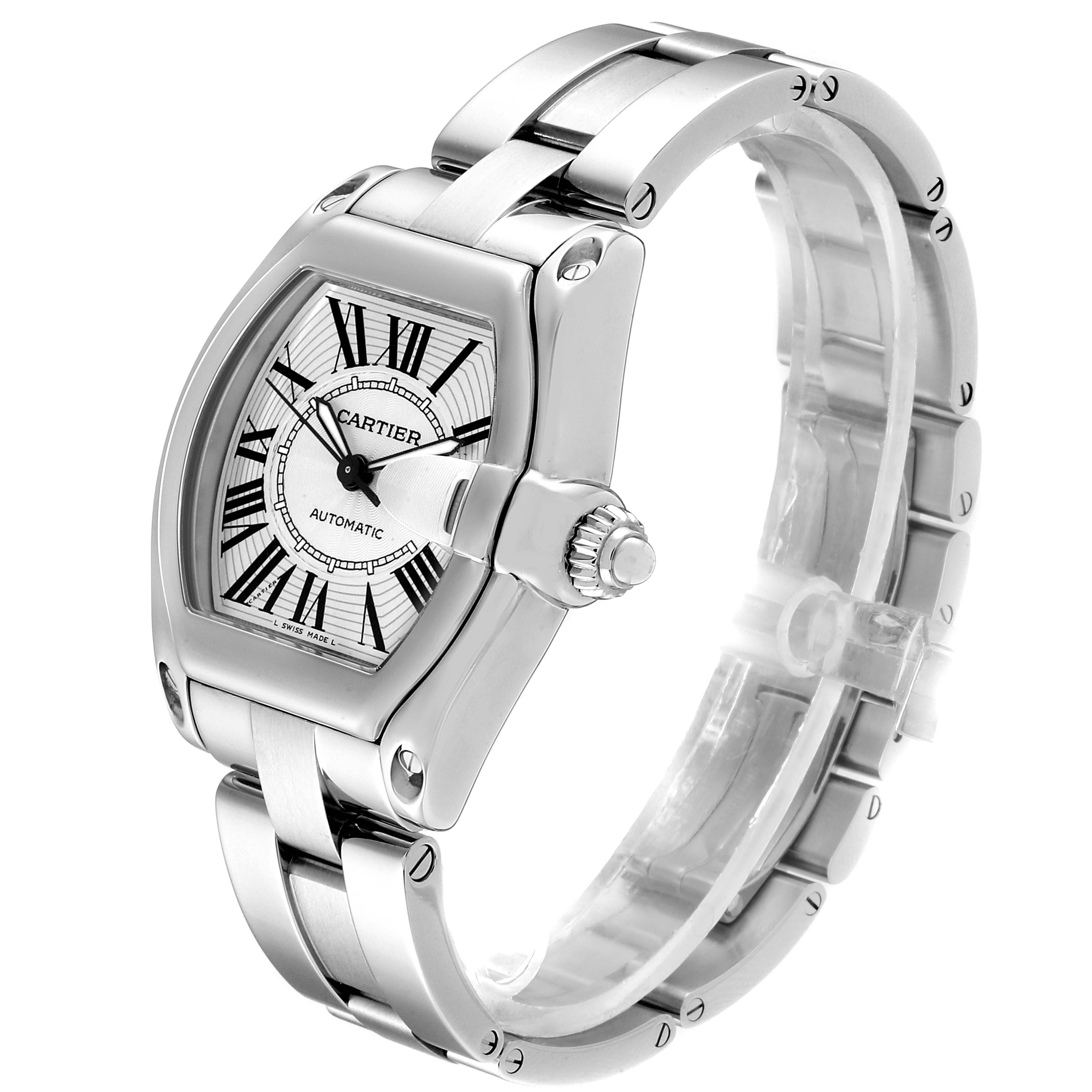 The image shows a Cartier Roadster W62025V3 Men's Stainless Steel Silver Dial W62025V3 Men's Stainless Steel Silver Dial watch at a three-quarter angle, highlighting the face, case, crown, and metal bracelet.