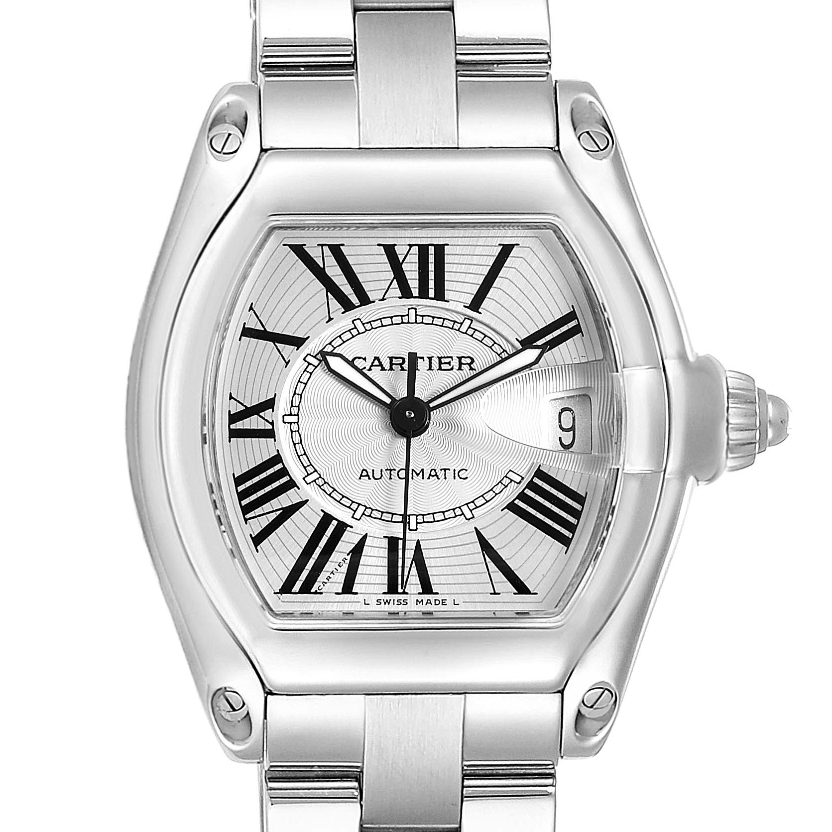 The image shows a frontal view of a Cartier Roadster W62025V3 Men's Stainless Steel Silver Dial W62025V3 Men's Stainless Steel Silver Dial watch featuring its stainless steel case, dial, and bracelet.