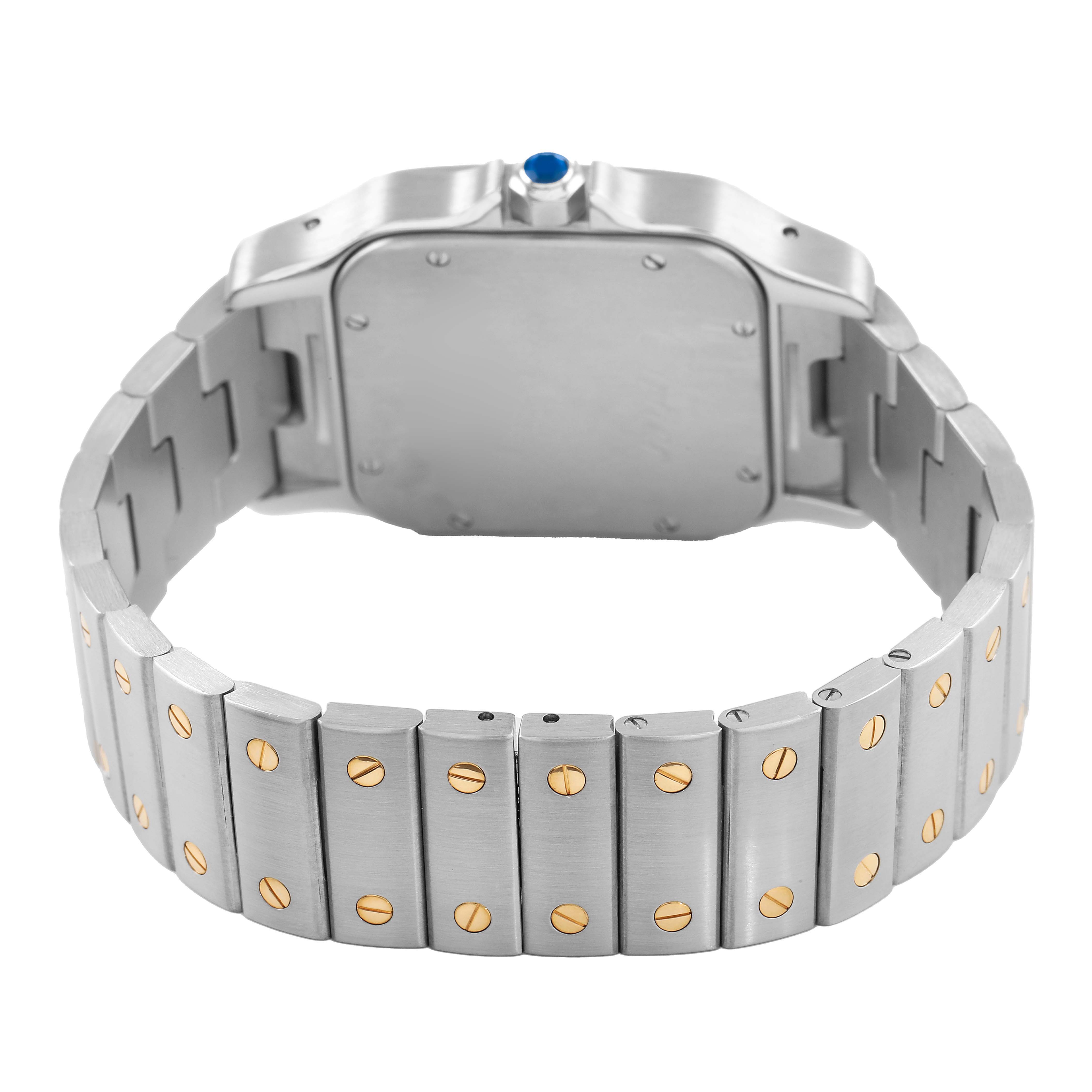The image shows the back view of the Cartier Santos W20099C4 Men's Steel and Gold (two tone) Silver Dial watch, highlighting the case and bracelet with gold screws.