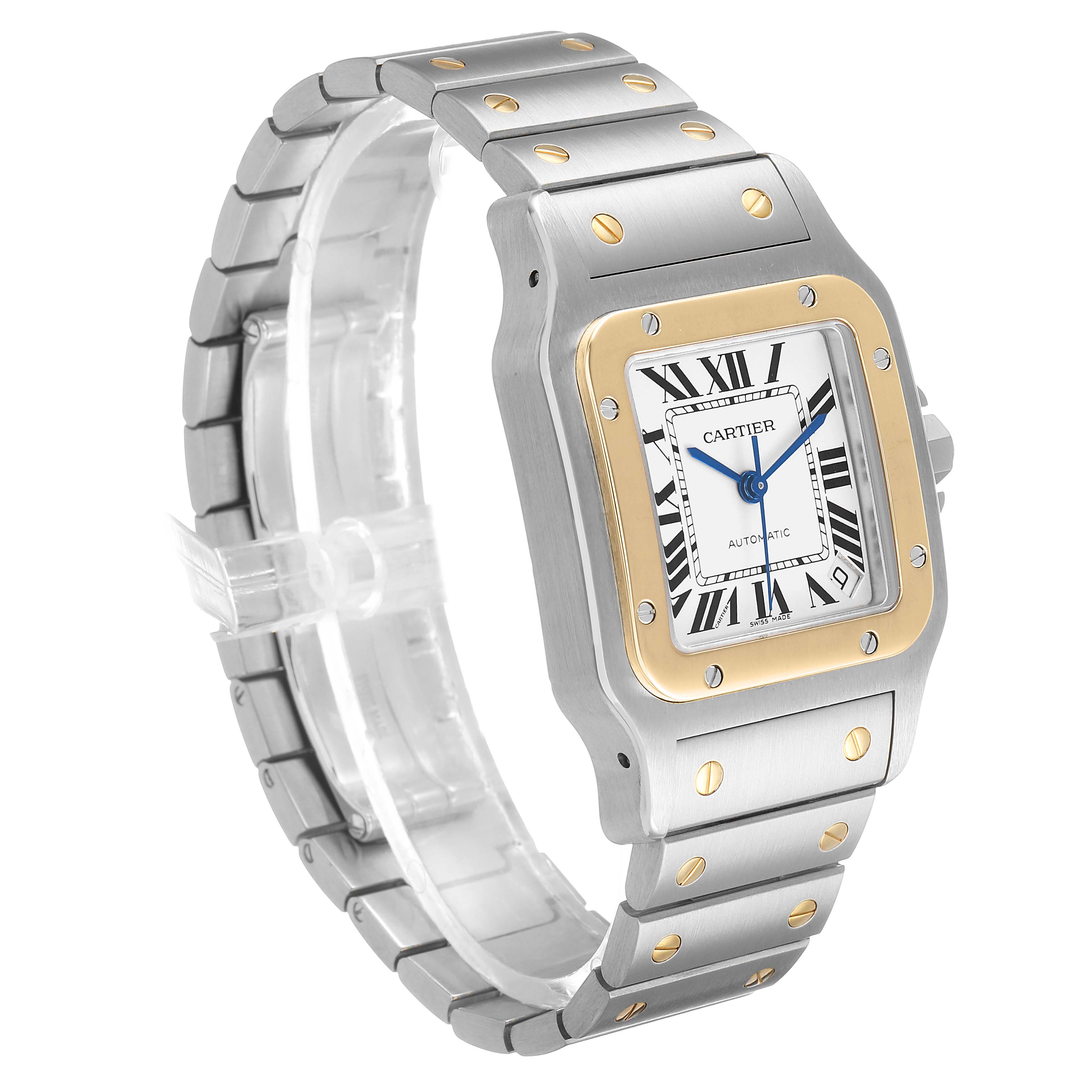 The Cartier Santos W20099C4 Men's Steel and Gold (two tone) Silver Dial watch is shown at a three-quarter angle, highlighting its case, bezel, dial, and bracelet.