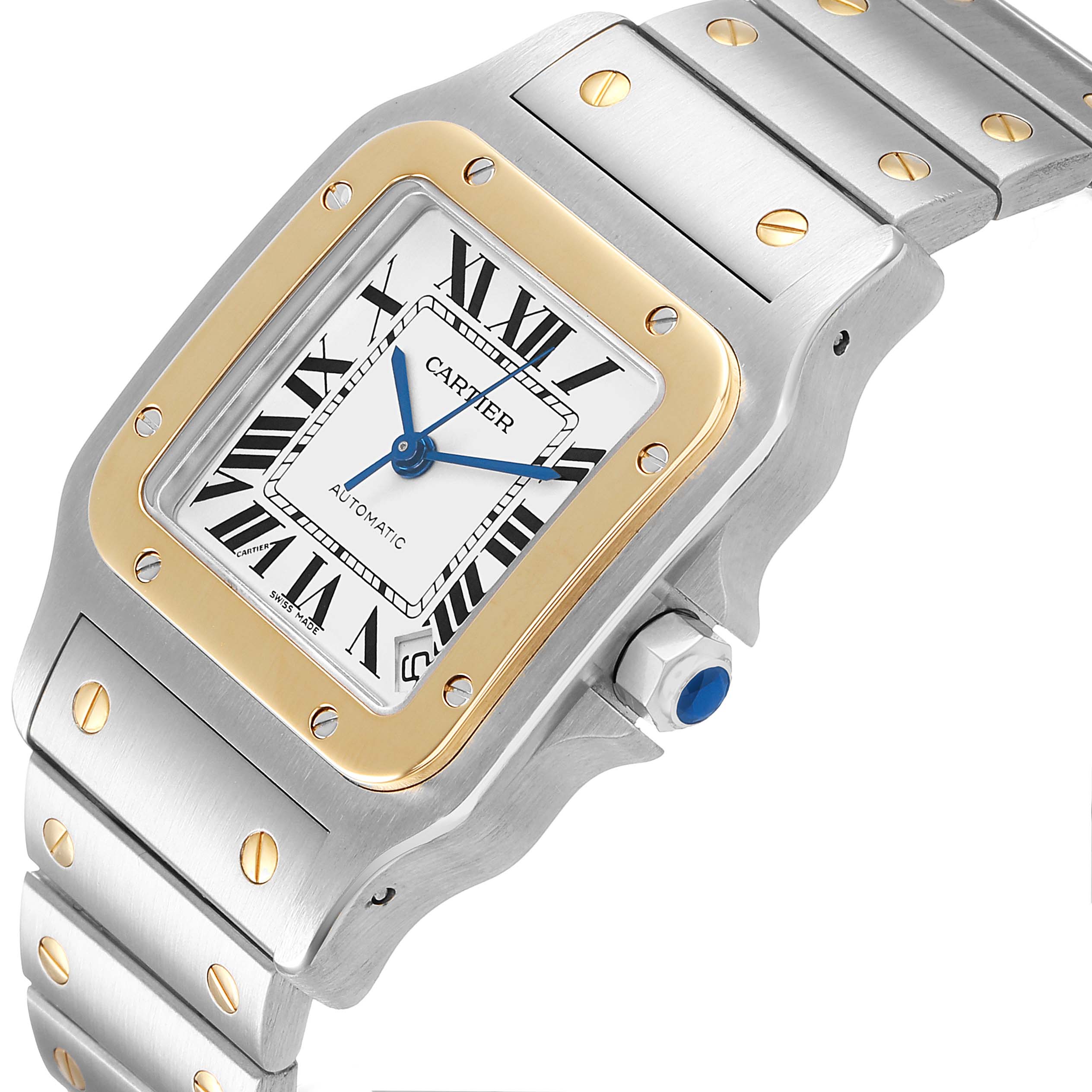 The image shows a Cartier Santos W20099C4 Men's Steel and Gold (two tone) Silver Dial watch from a side angle, highlighting the case, bezel, strap, and crown.