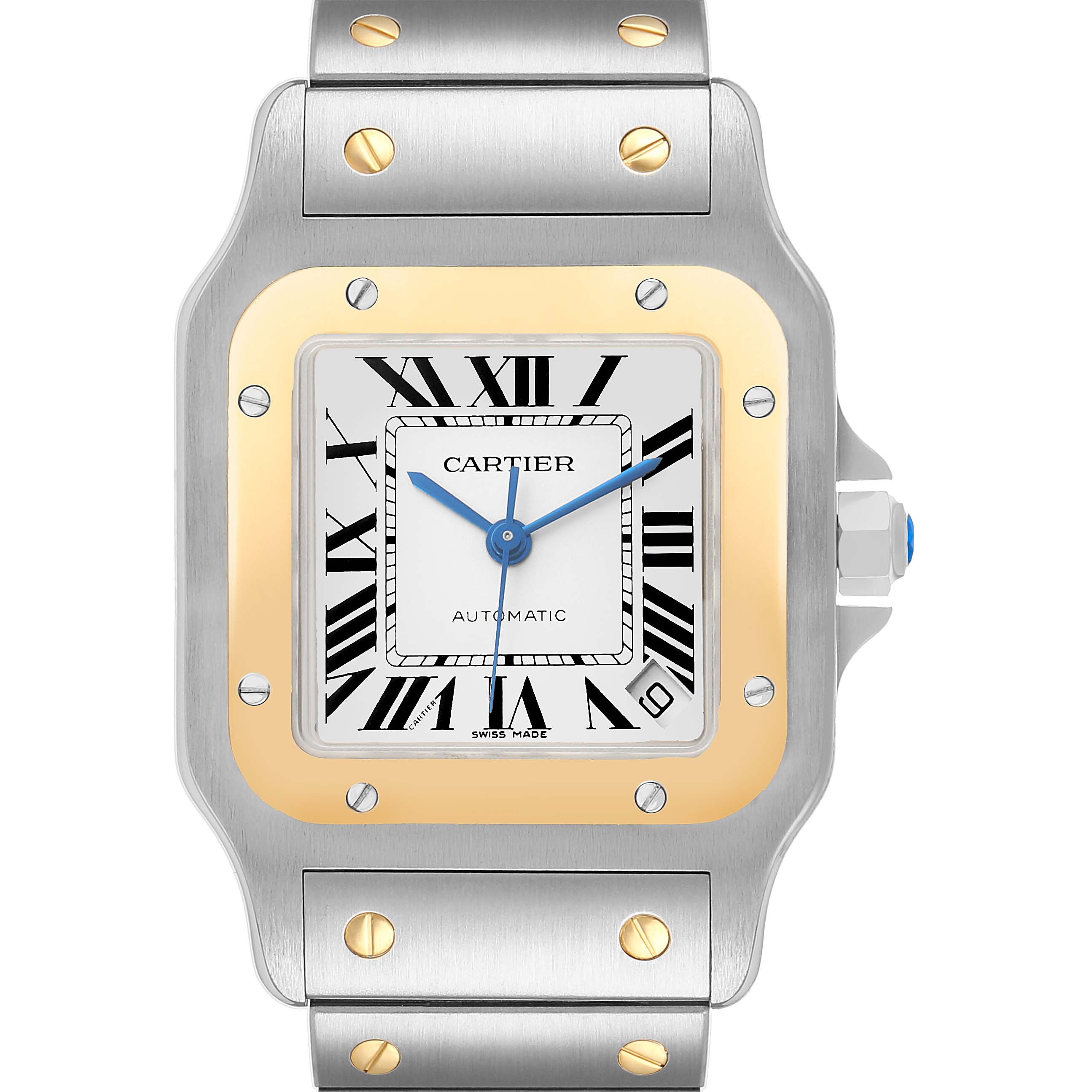 The Cartier Santos W20099C4 Men's Steel and Gold (two tone) Silver Dial watch is shown from the front, highlighting the dial, bezel, and part of the bracelet.