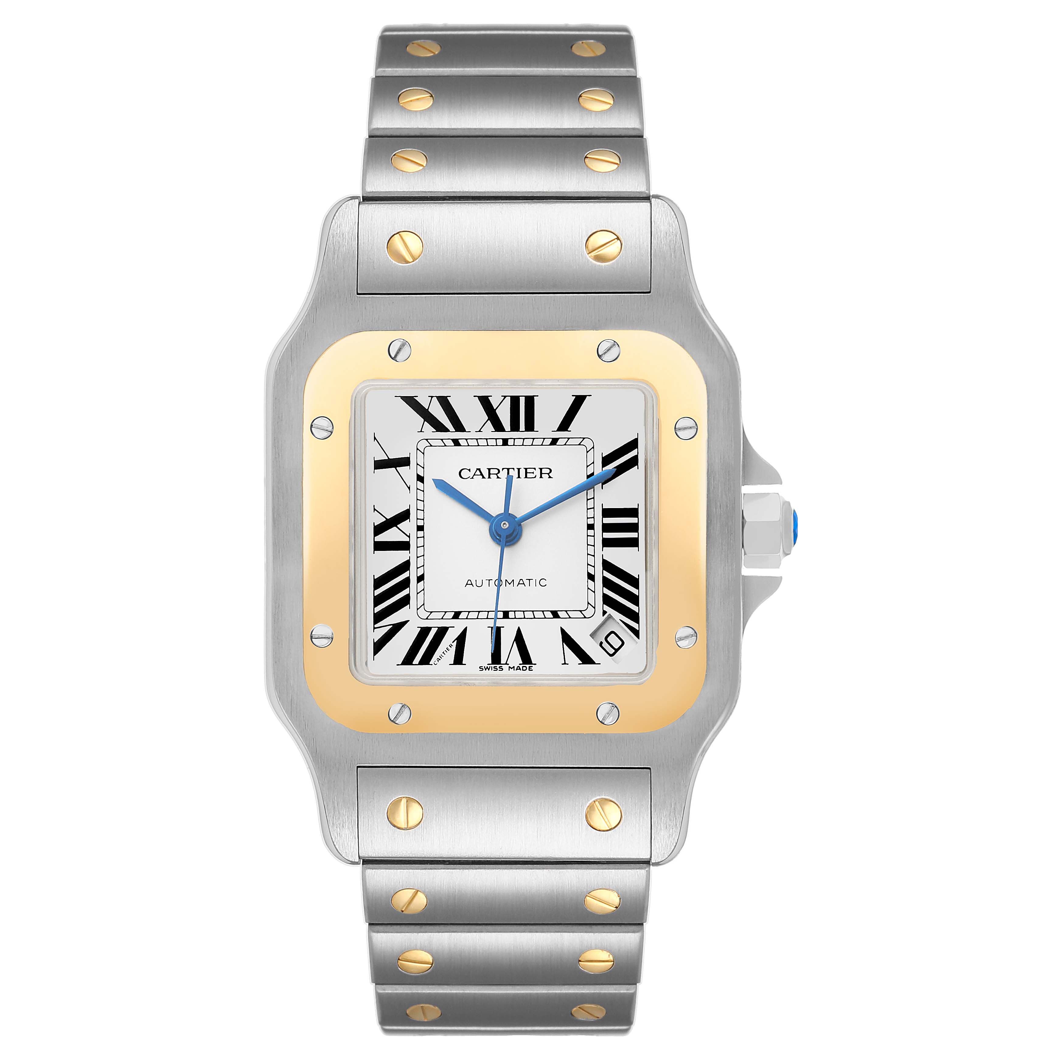 The Cartier Santos W20099C4 Men's Steel and Gold (two tone) Silver Dial watch is shown from a front angle, highlighting the face, bezel, and part of the bracelet.