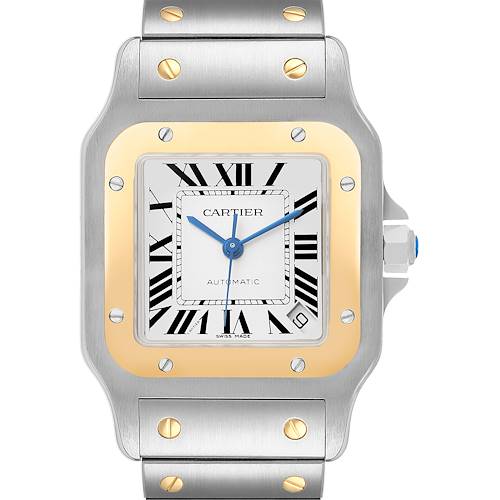 The image shows a frontal view of a Cartier Santos W20099C4 Men's Steel and Gold (two tone) Silver Dial watch, highlighting the dial, bezel, and part of the bracelet.
