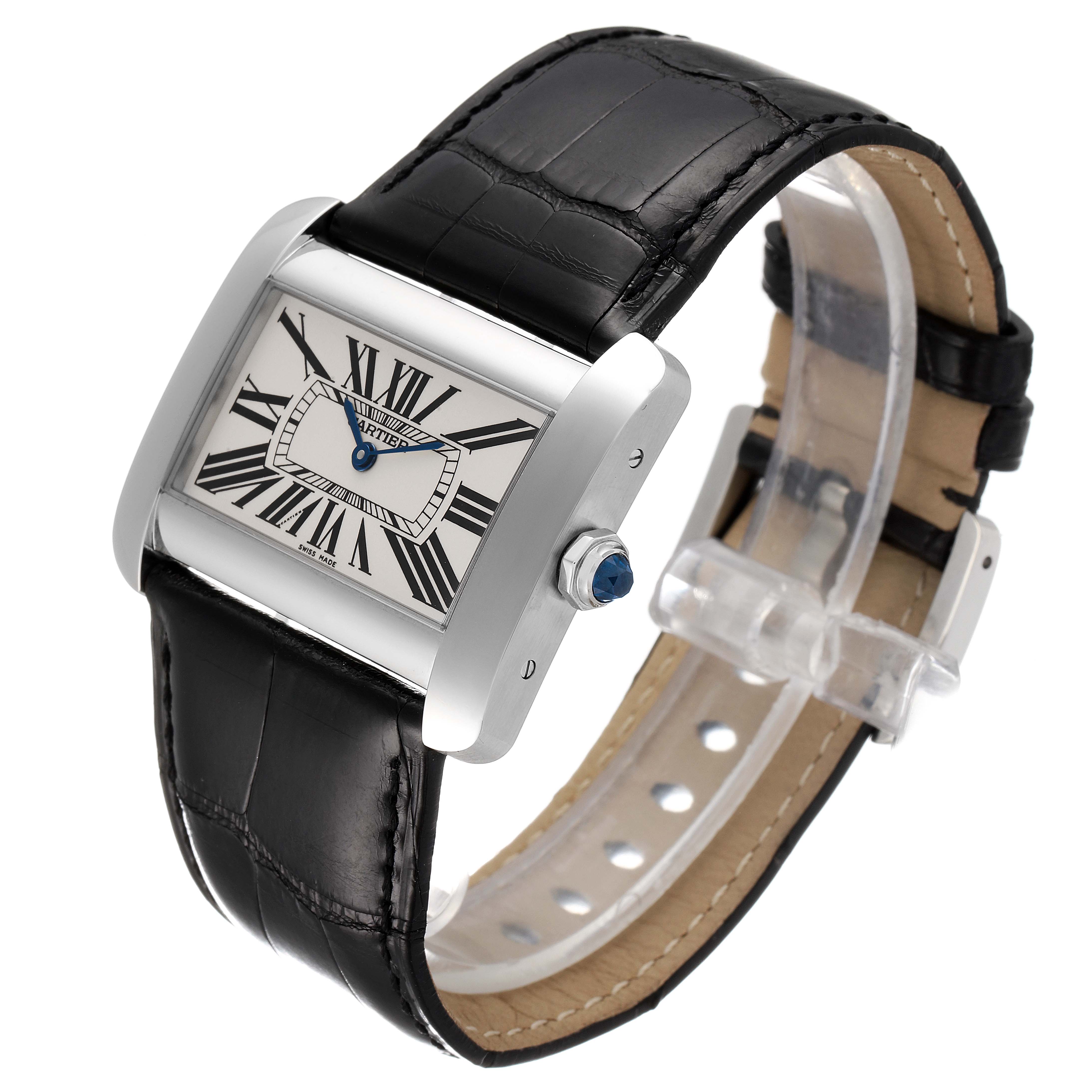 The image shows a Cartier Tank Divan W6300755 Women
s Stainless Steel Silver Dial W6300755 Women
s Stainless Steel Silver Dial watch angled to display the face, crown, and black leather strap.