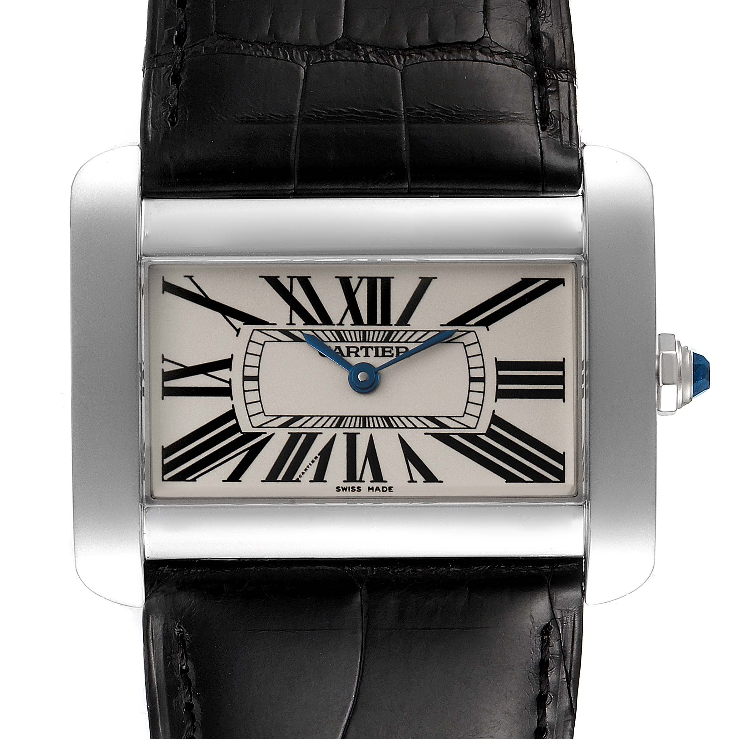This Cartier Tank Divan W6300755 Women
s Stainless Steel Silver Dial W6300755 Women
s Stainless Steel Silver Dial watch is shown from the front, displaying its rectangular dial, Roman numerals, blue hands, and black leather strap.