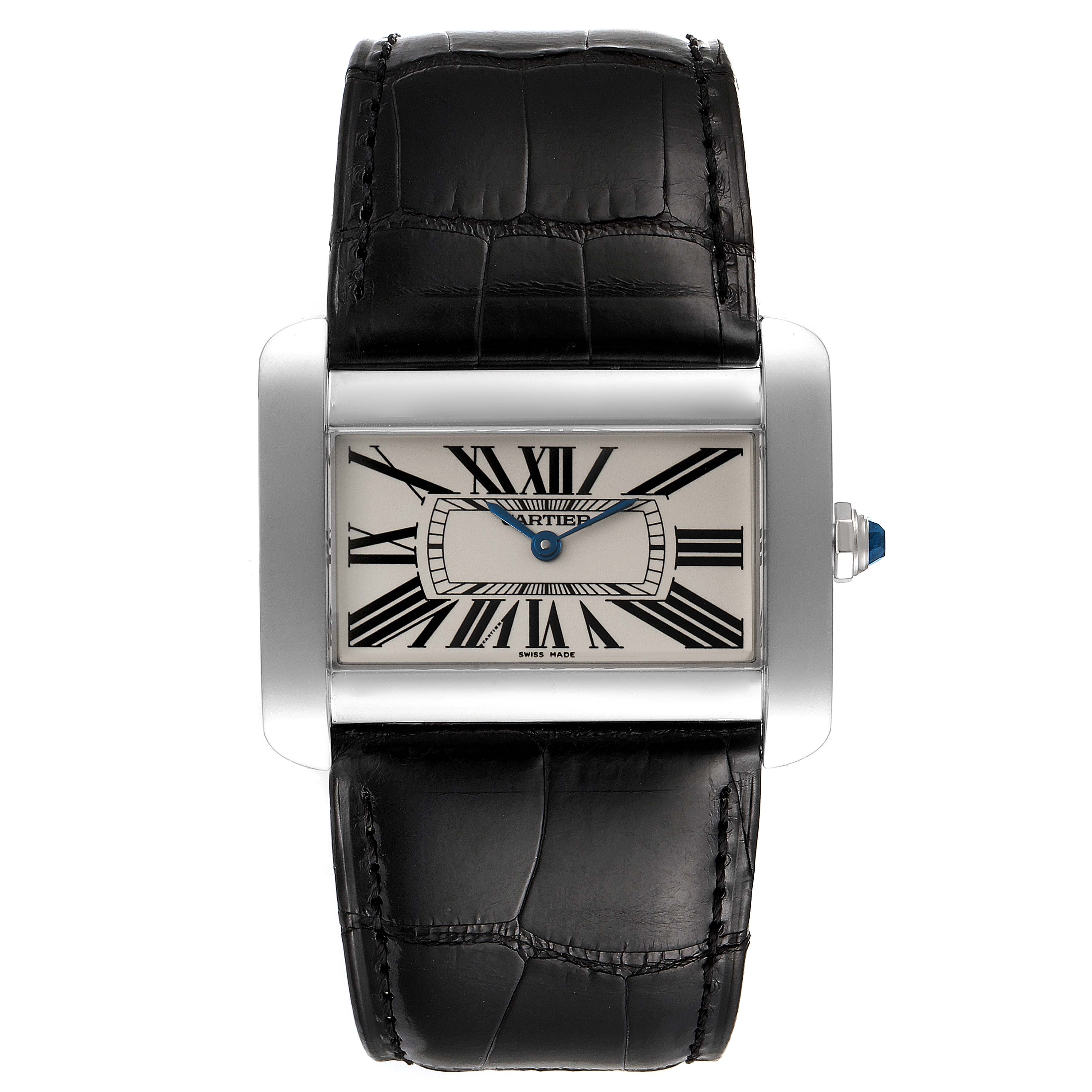 This image shows a frontal view of the Cartier Tank Divan W6300755 Women
s Stainless Steel Silver Dial W6300755 Women
s Stainless Steel Silver Dial watch, displaying the rectangular dial, Roman numerals, and black leather strap.
