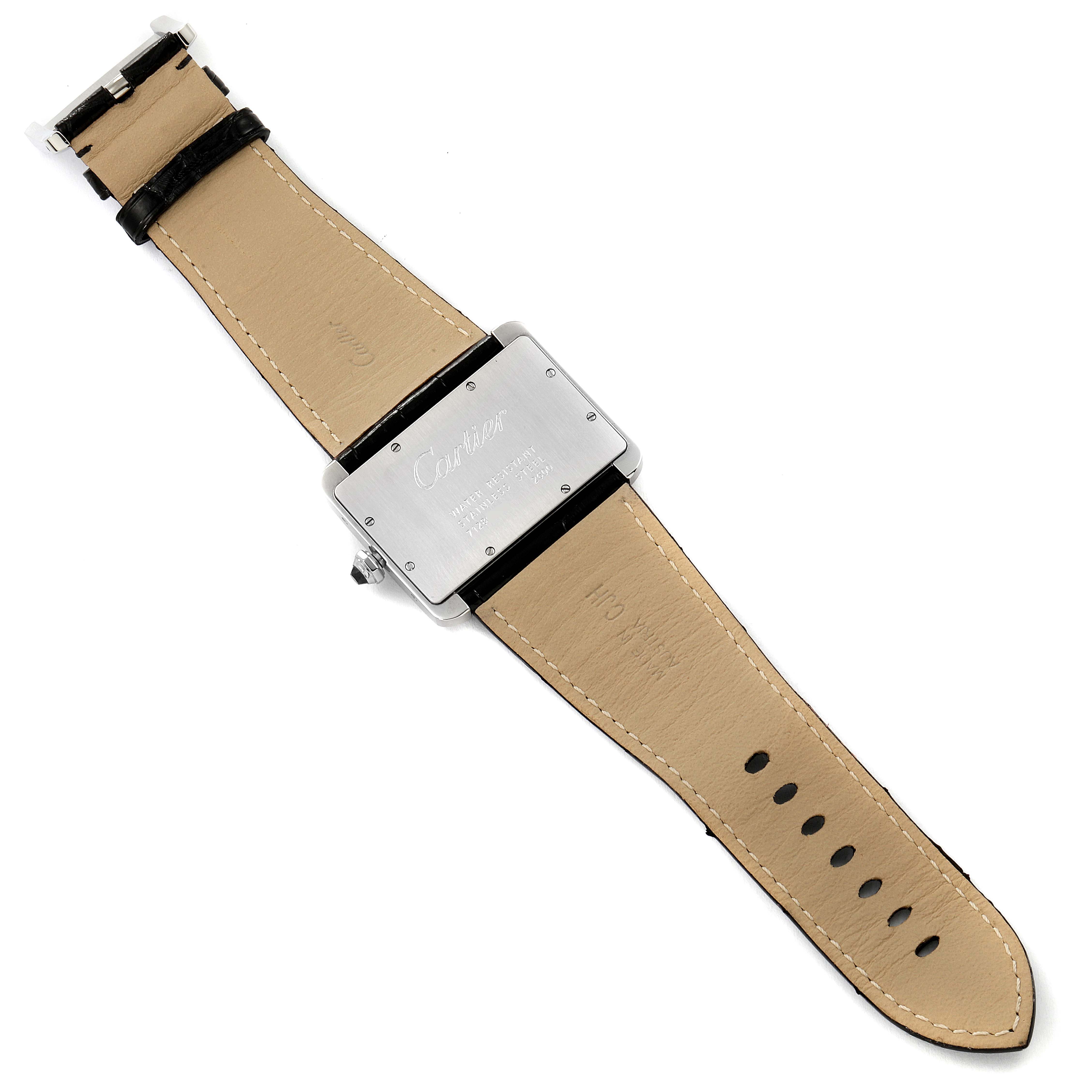 The image shows the back view of the Tank Divan watch by Cartier, highlighting its case back and leather straps.