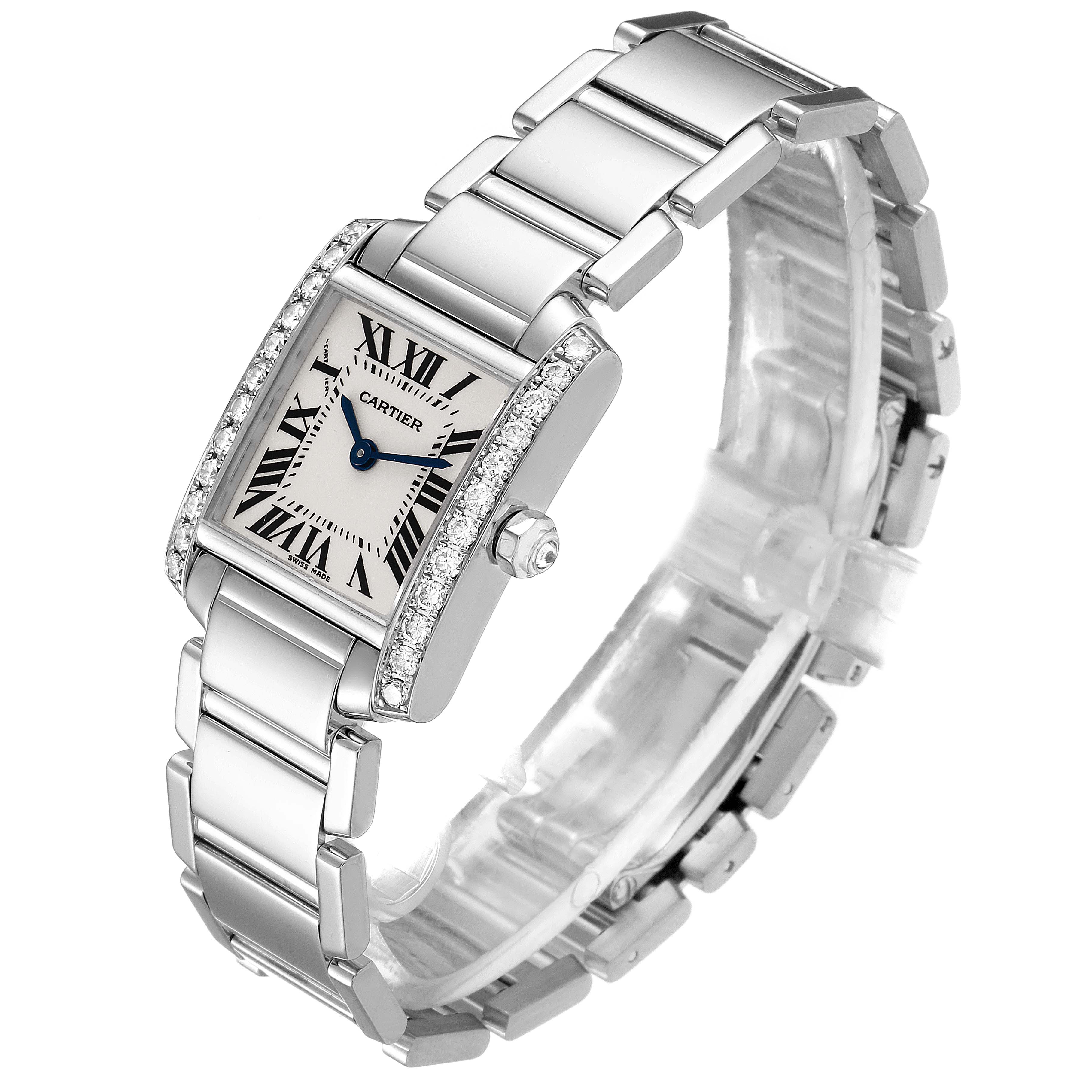 The Cartier Tank Française watch is shown in a three-quarter angle, displaying its face, strap, and diamond-studded bezel.