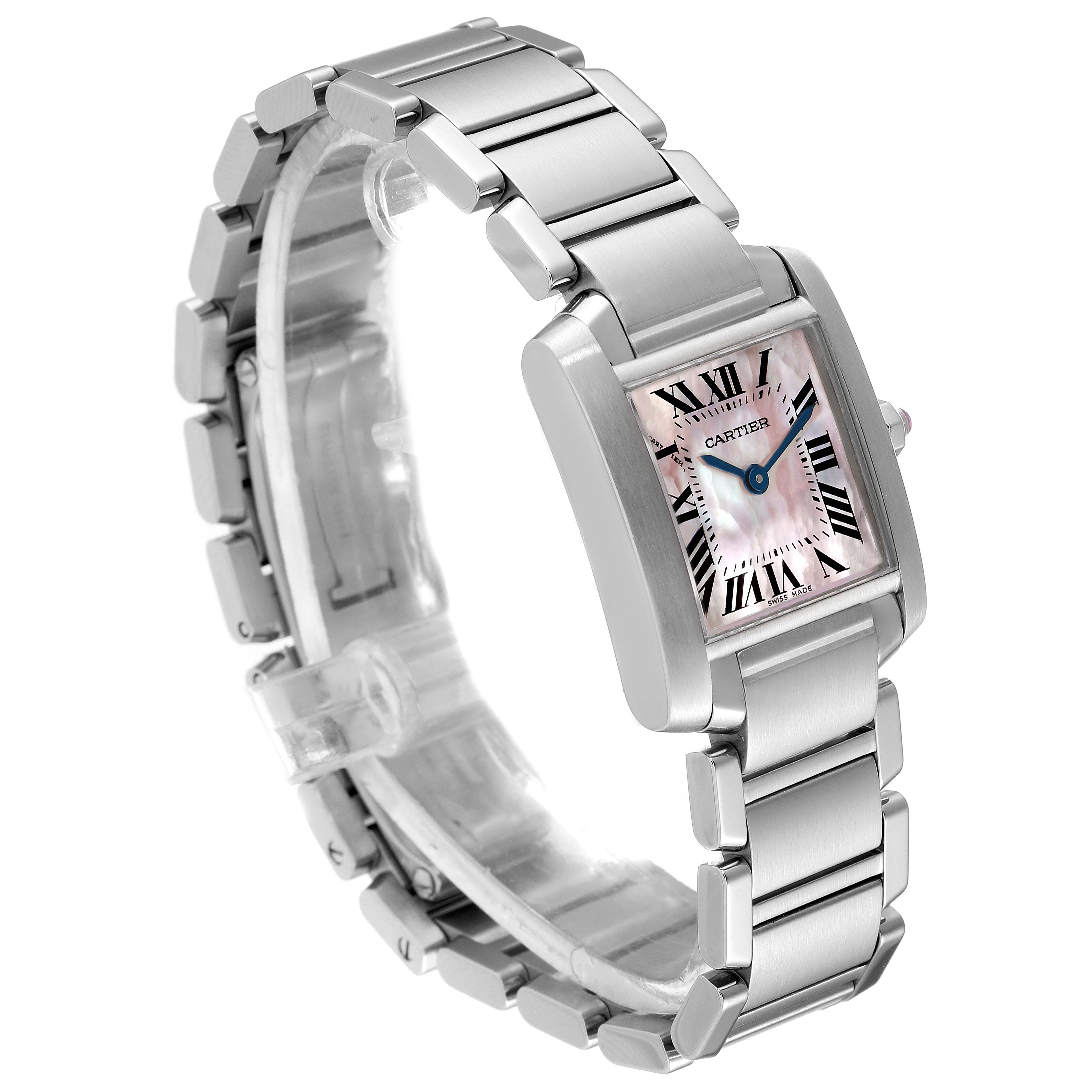 The Cartier Tank Française watch is shown at a three-quarter angle, displaying the face, bracelet, and side.