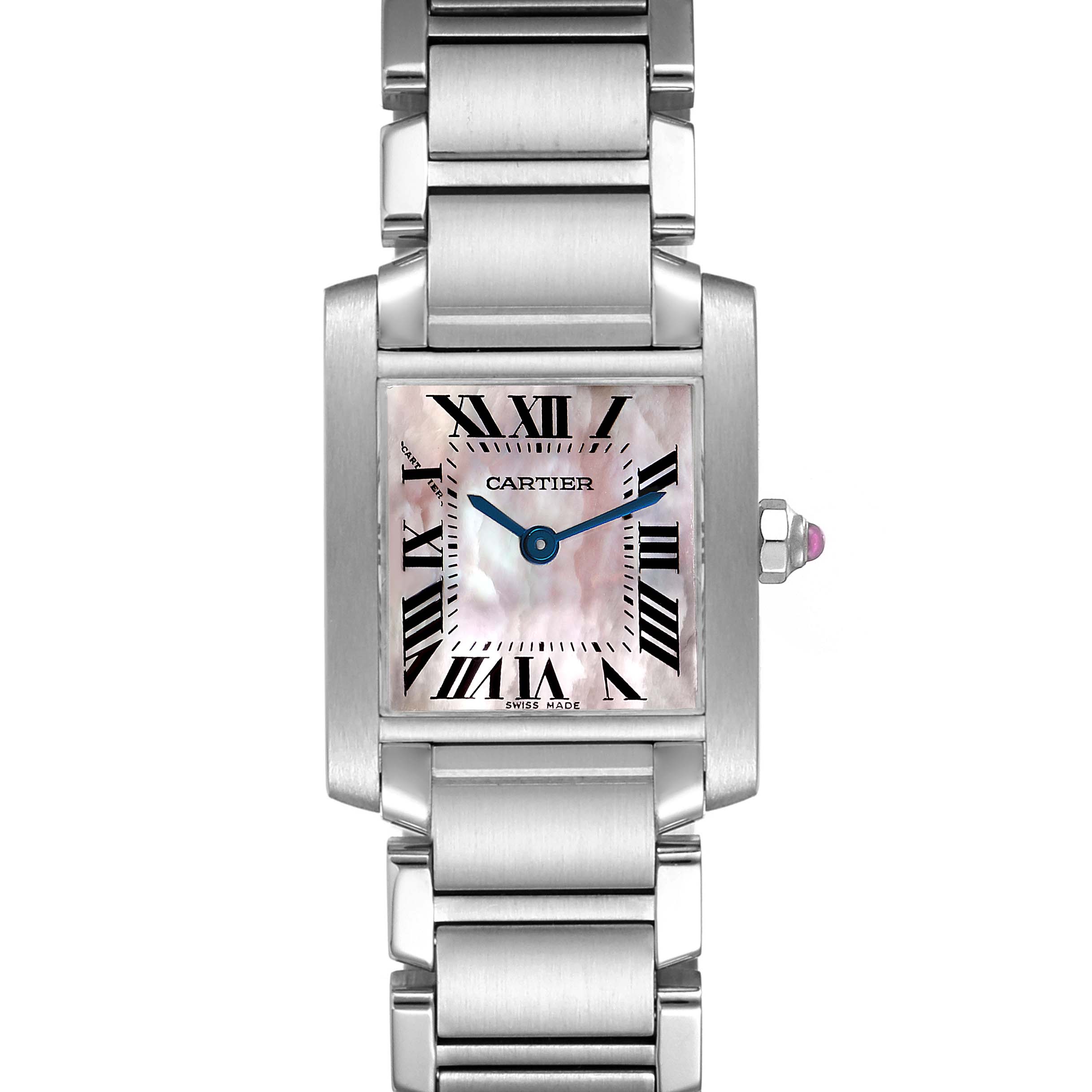 The image shows a front view of the Cartier Tank Française watch, highlighting its face, case, and bracelet.
