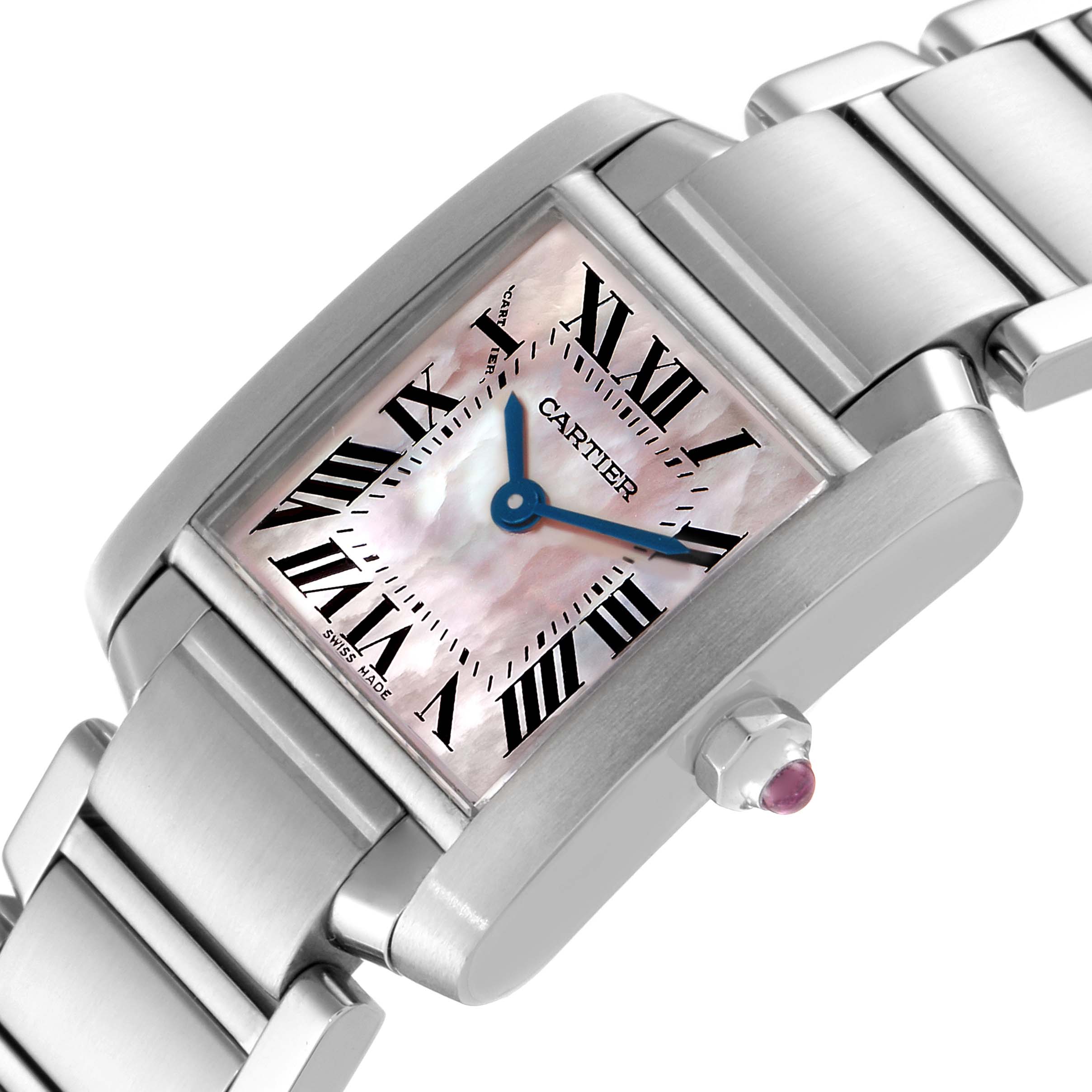 The image shows the Cartier Tank Francaise W51028Q3 Women
s Stainless Steel Mother of Pearl Dial W51028Q3 Women
s Stainless Steel Mother of Pearl Dial watch from an angle highlighting its face, bracelet, and side crown.