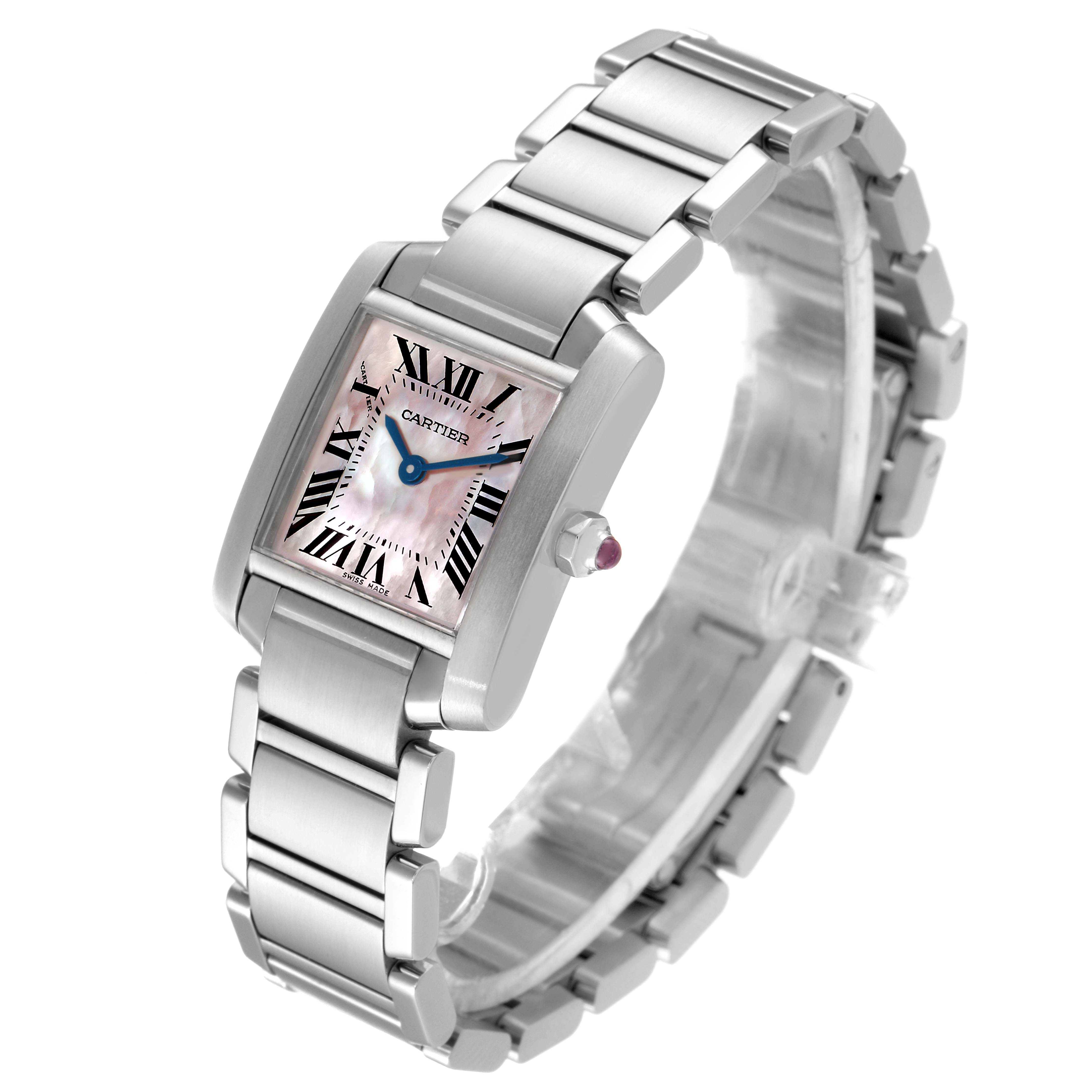 This image shows a side angle of the Cartier Tank Francaise W51028Q3 Women
s Stainless Steel Mother of Pearl Dial W51028Q3 Women
s Stainless Steel Mother of Pearl Dial watch, highlighting the bracelet, face, and crown.