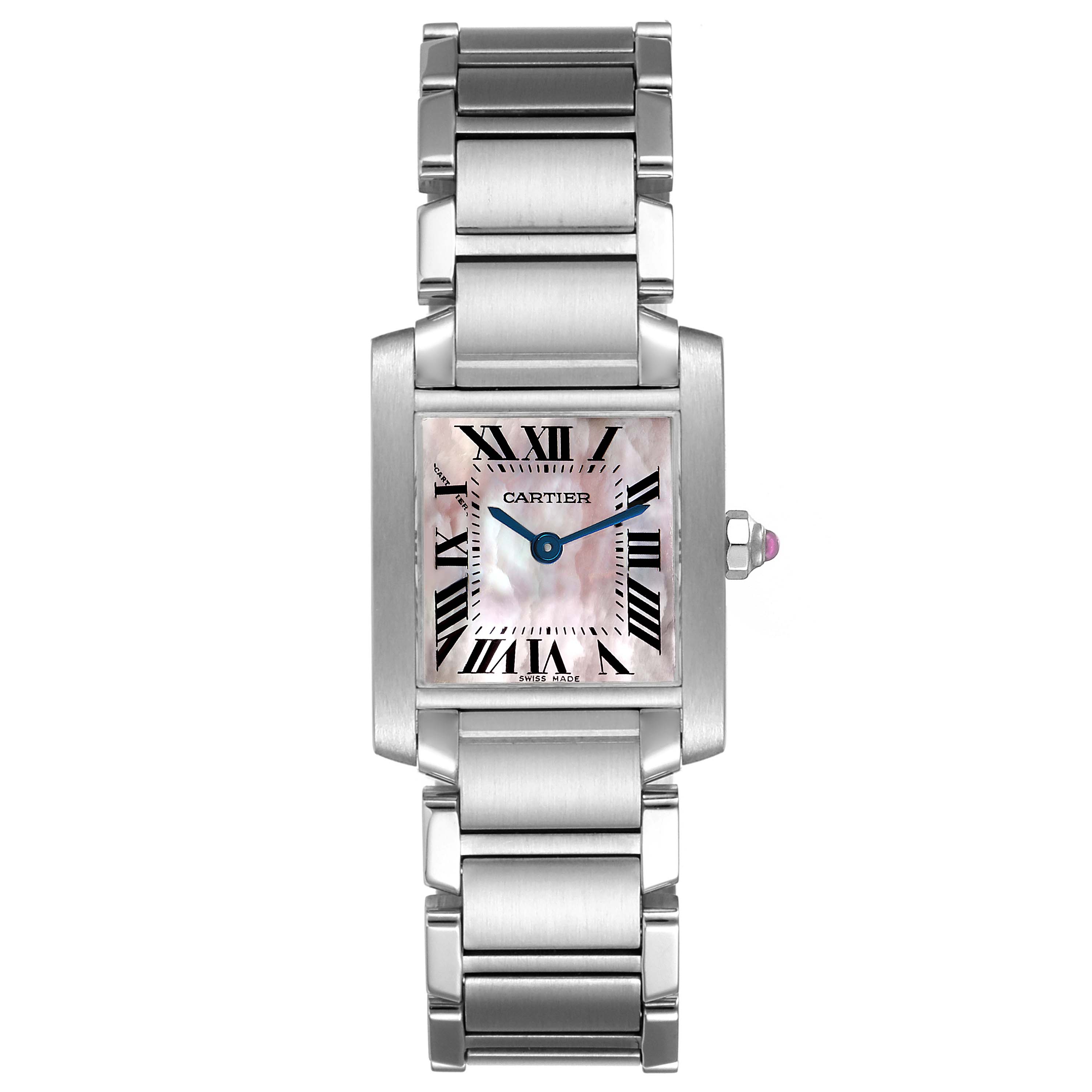 The image shows a frontal view of the Cartier Tank Francaise W51028Q3 Women
s Stainless Steel Mother of Pearl Dial W51028Q3 Women
s Stainless Steel Mother of Pearl Dial watch, featuring its dial, case, and metal bracelet.