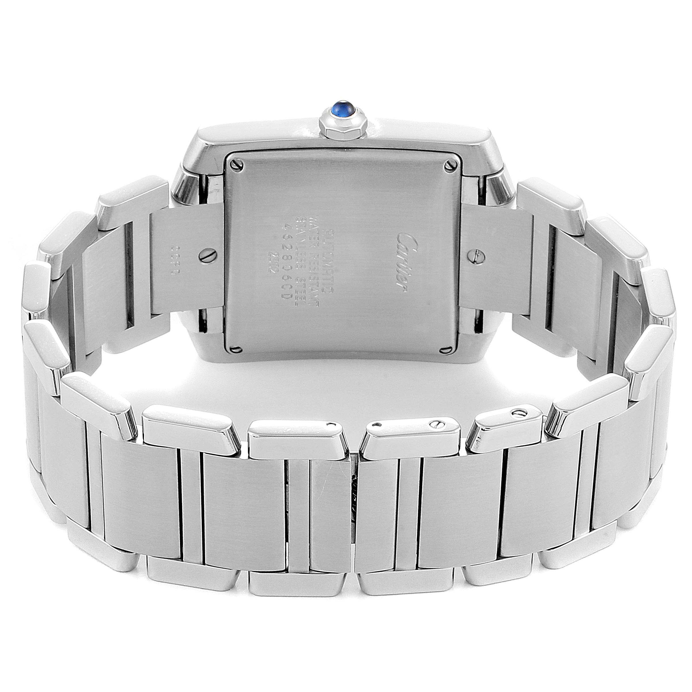 The image shows the back view of a Cartier Tank Francaise W51002Q3 Men's Stainless Steel Silver Dial W51002Q3 Men's Stainless Steel Silver Dial watch, highlighting its bracelet and case back.