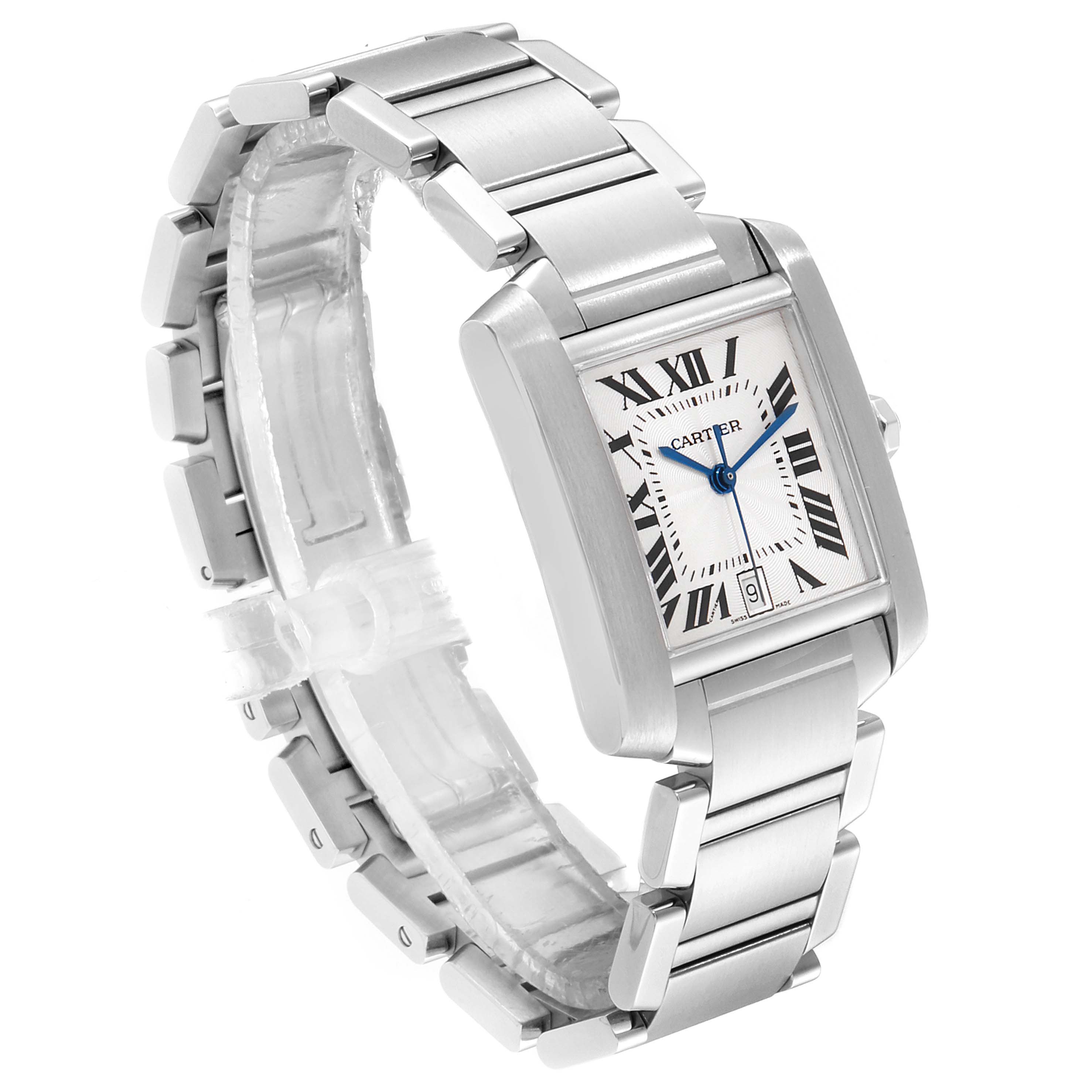 The image shows a Cartier Tank Francaise W51002Q3 Men's Stainless Steel Silver Dial W51002Q3 Men's Stainless Steel Silver Dial watch at a three-quarter angle focusing on the bracelet and face with Roman numerals.
