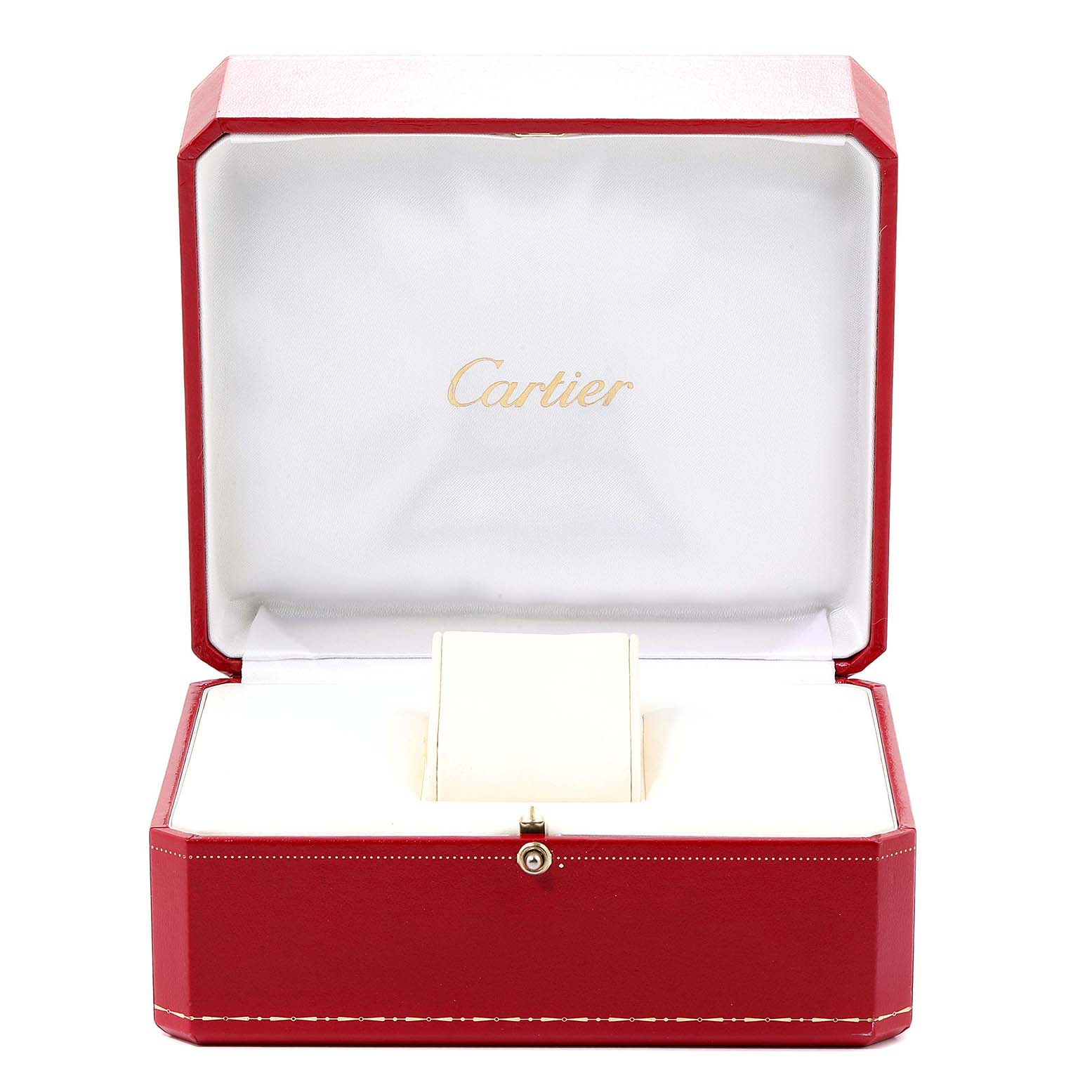 The image shows an open Cartier watch box for the Tank Française model, revealing the inner padding and the brand's logo.