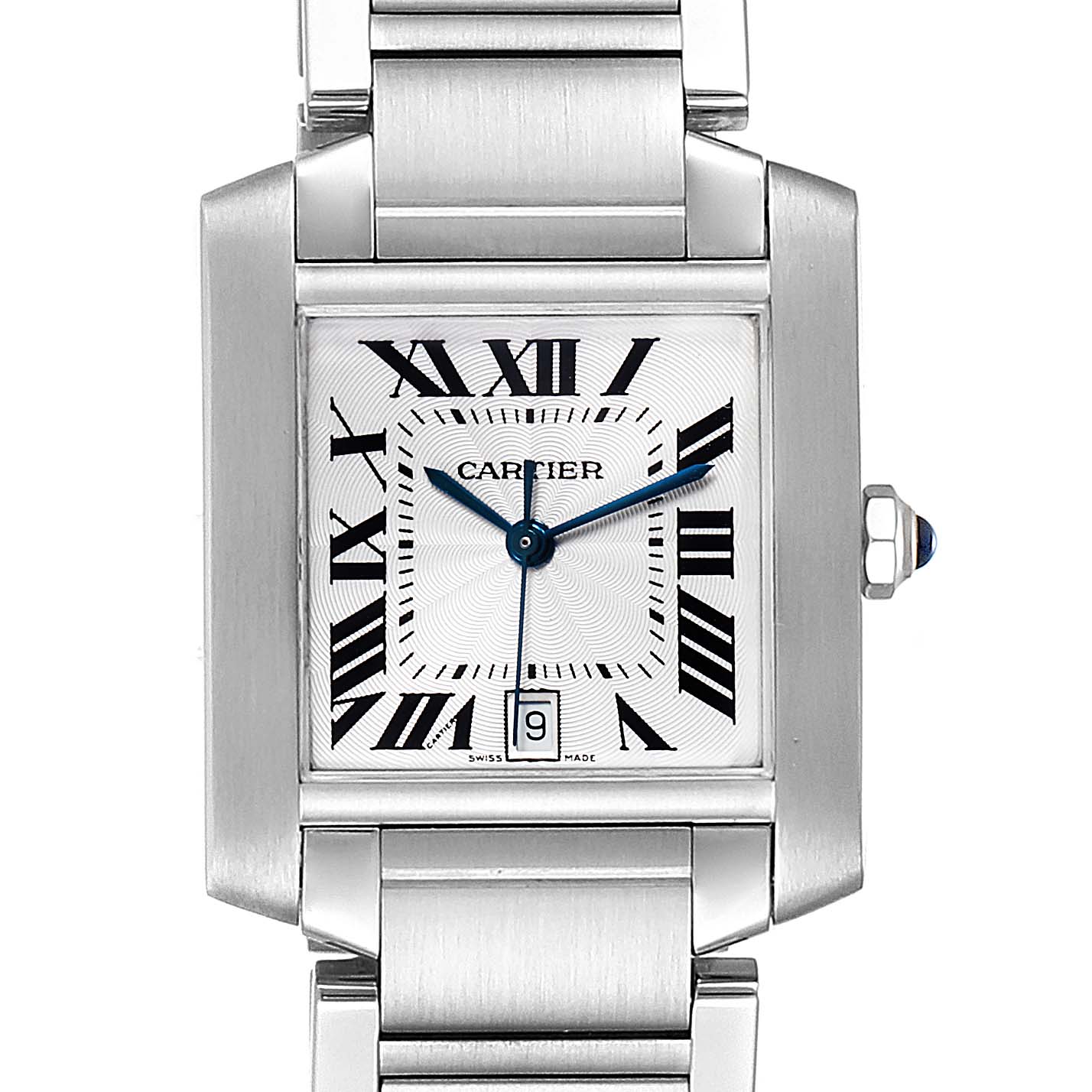 The image shows a close-up view of the Cartier Tank Française watch, highlighting its face, Roman numeral markers, and stainless steel bracelet.