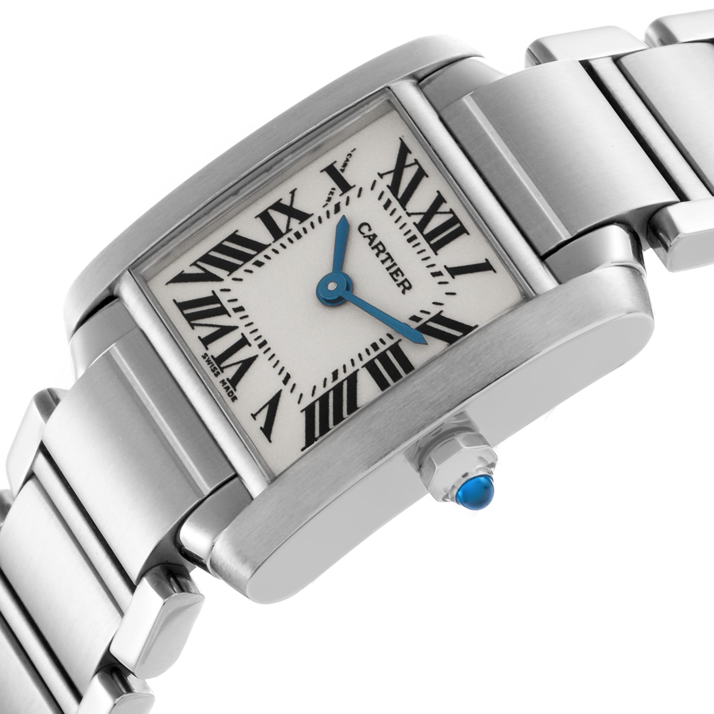 The Cartier Tank Française watch is shown at an angle highlighting its face, Roman numerals, hands, and bracelet.