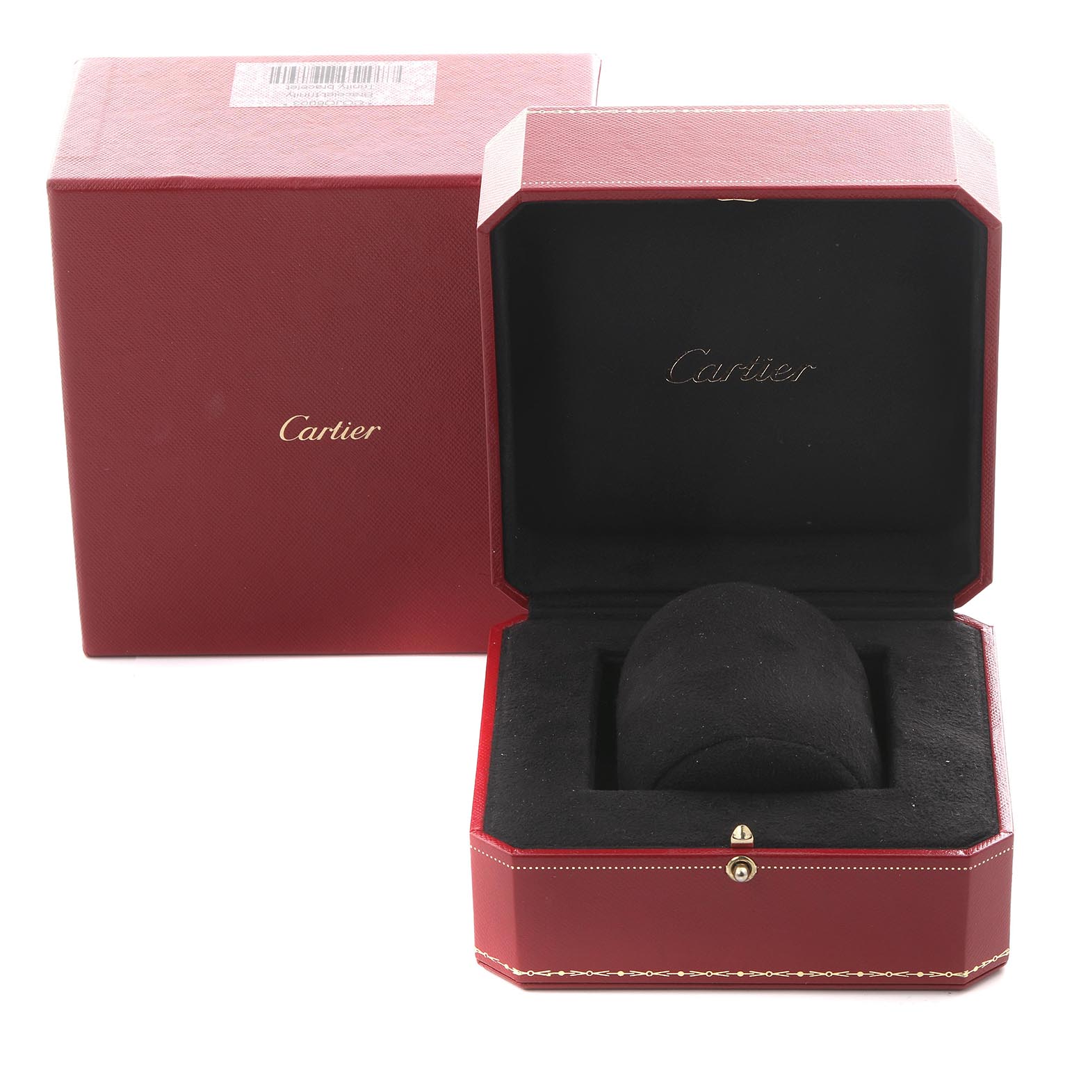 The image shows the Cartier Tank Francaise W51008Q3 Women
s Stainless Steel Silver Dial W51008Q3 Women
s Stainless Steel Silver Dial packaging with an open red box and a black cushion, alongside a closed outer box.