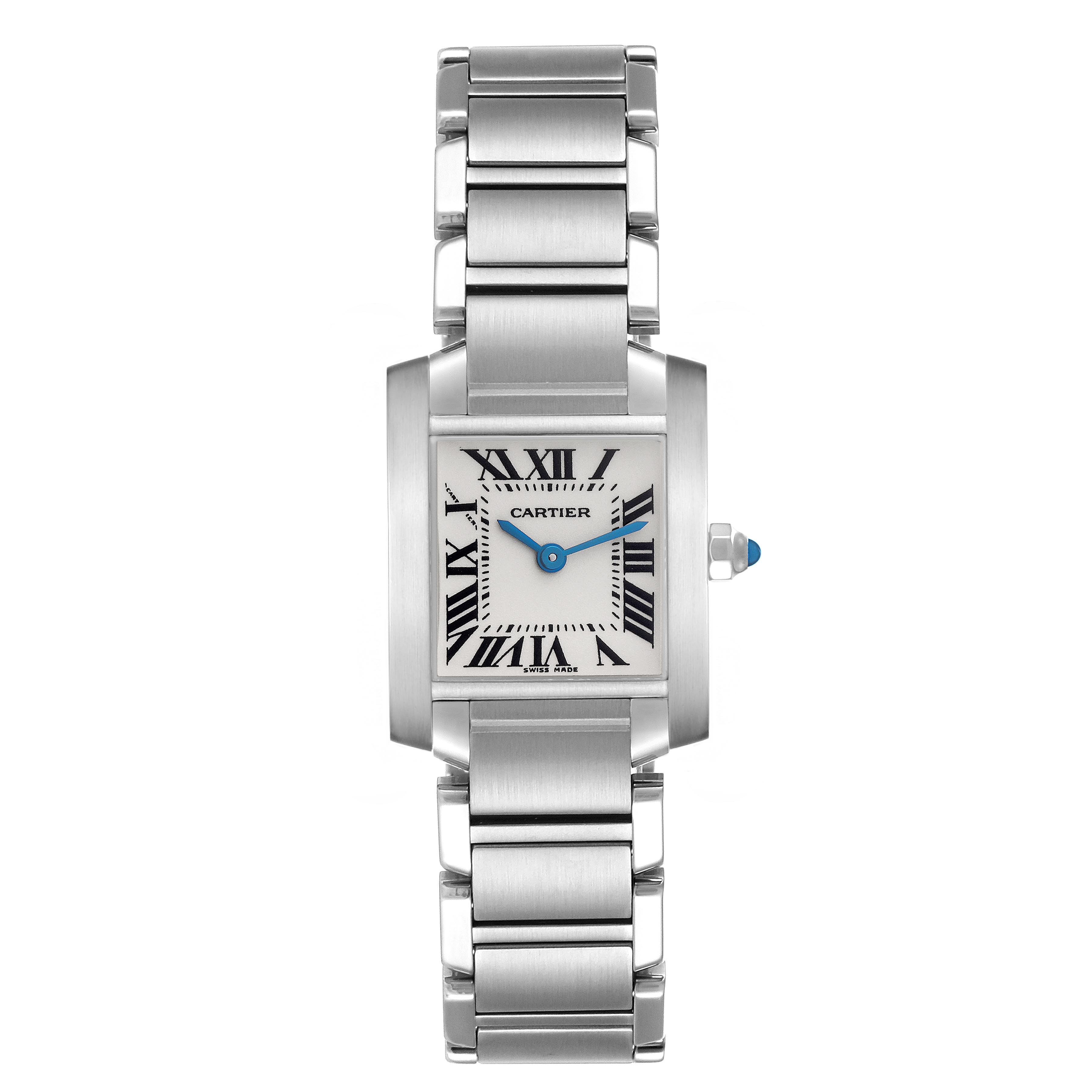 The Cartier Tank Francaise W51008Q3 Women
s Stainless Steel Silver Dial W51008Q3 Women
s Stainless Steel Silver Dial watch is shown from a front angle, highlighting its rectangular face, Roman numerals, and metal bracelet.