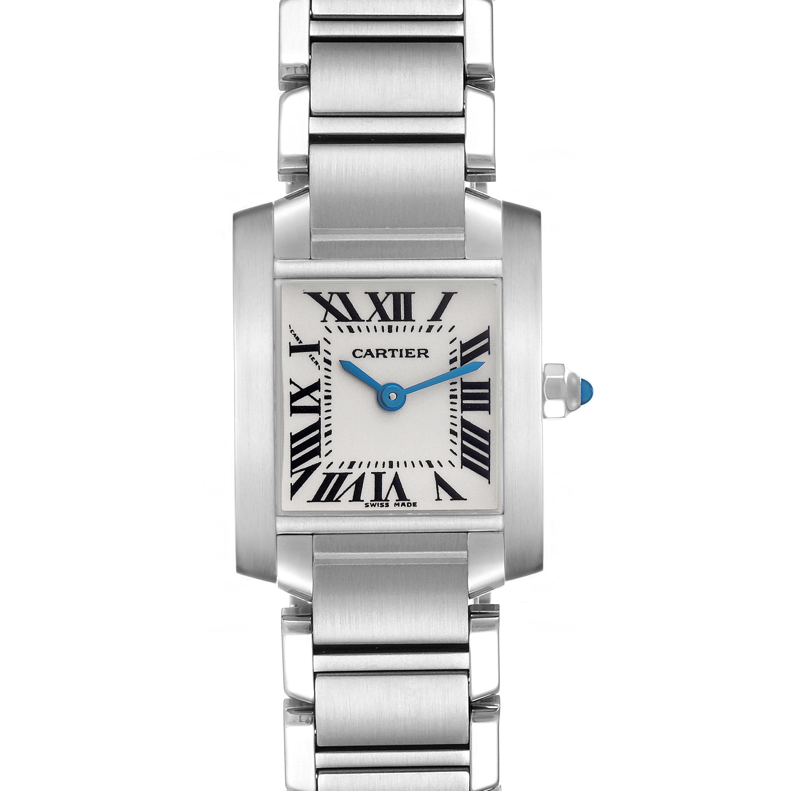 The Cartier Tank Française watch is shown from the front, featuring its bracelet and dial with Roman numerals.