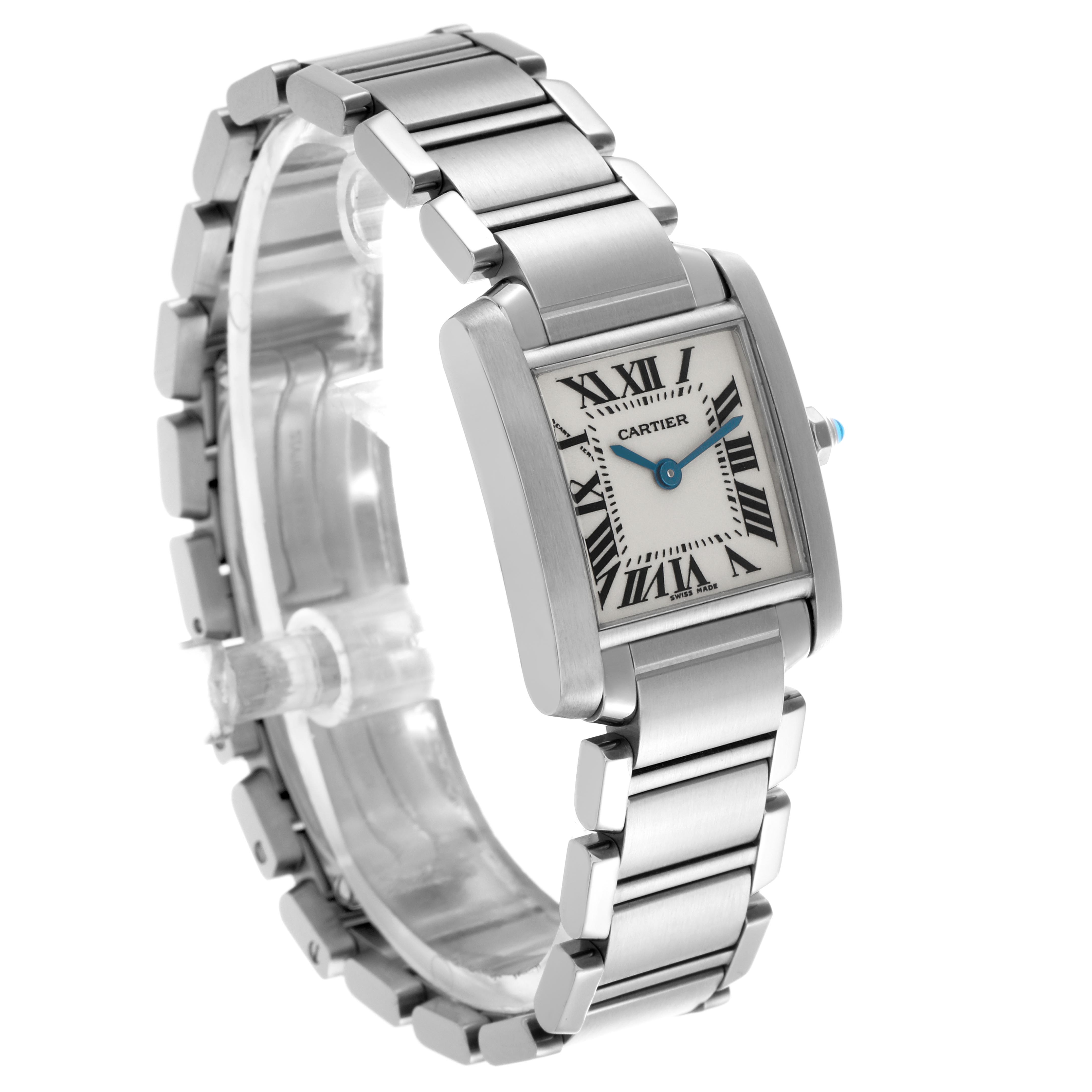 The Cartier Tank Francaise W51008Q3 Women
s Stainless Steel Silver Dial W51008Q3 Women
s Stainless Steel Silver Dial watch is shown at a slight angle, displaying the face, bracelet, and side view.