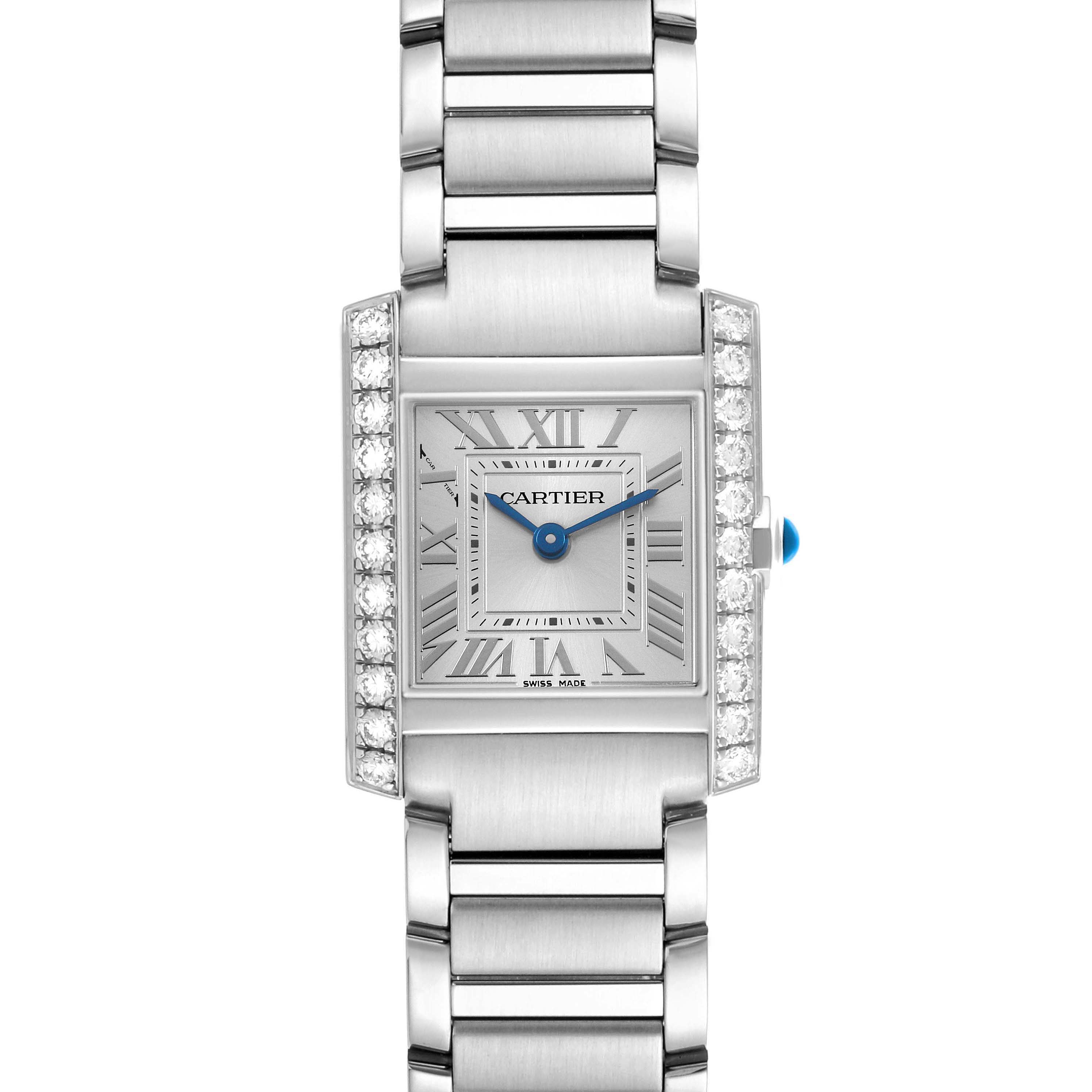The Cartier Tank Francaise W4TA0020 Women's Stainless Steel Silver Dial watch is shown from the front, highlighting its face, bracelet, and diamond-set bezel.