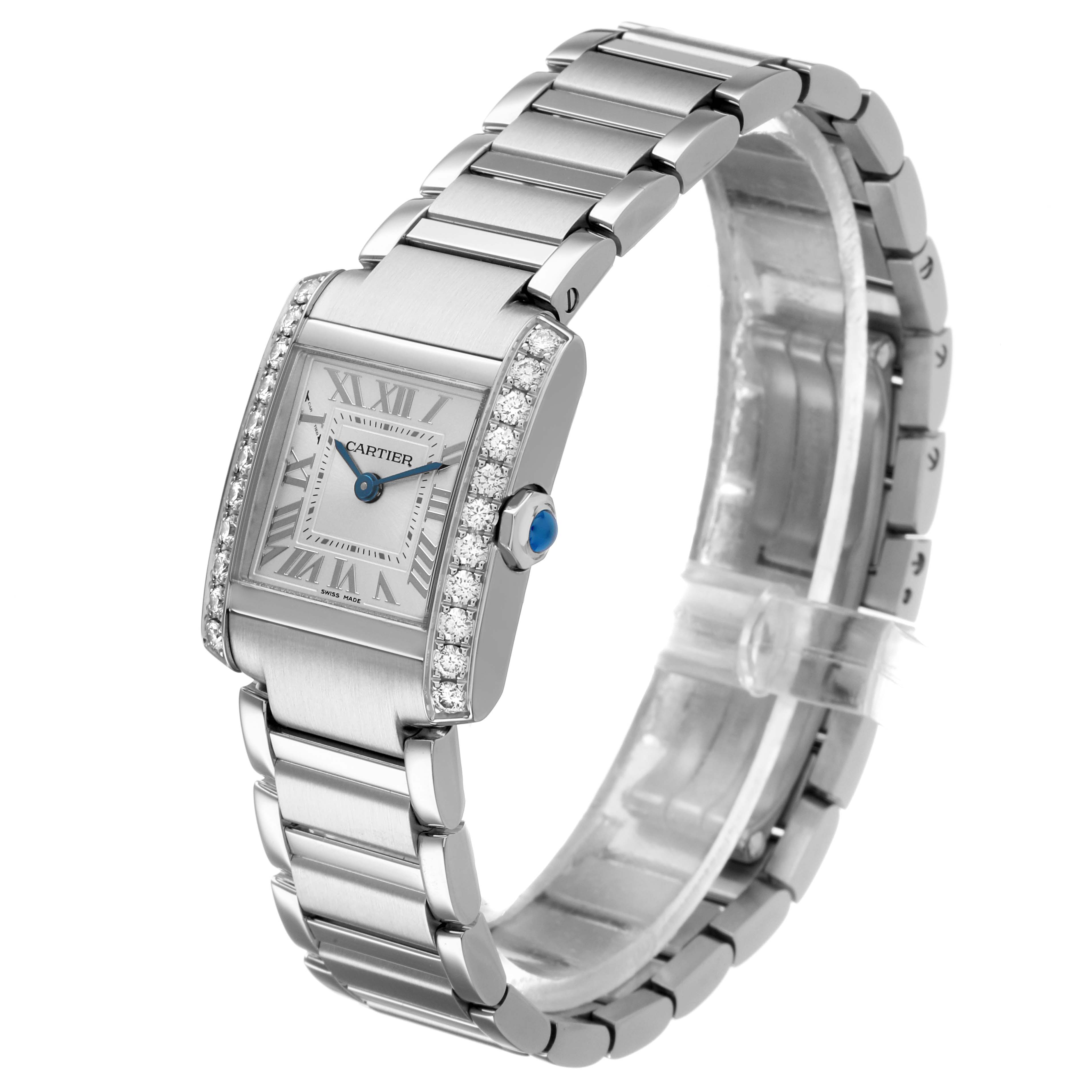 The Cartier Tank Francaise W4TA0020 Women's Stainless Steel Silver Dial watch is shown from a front angle, highlighting its rectangular face, diamond accents, and metal bracelet.