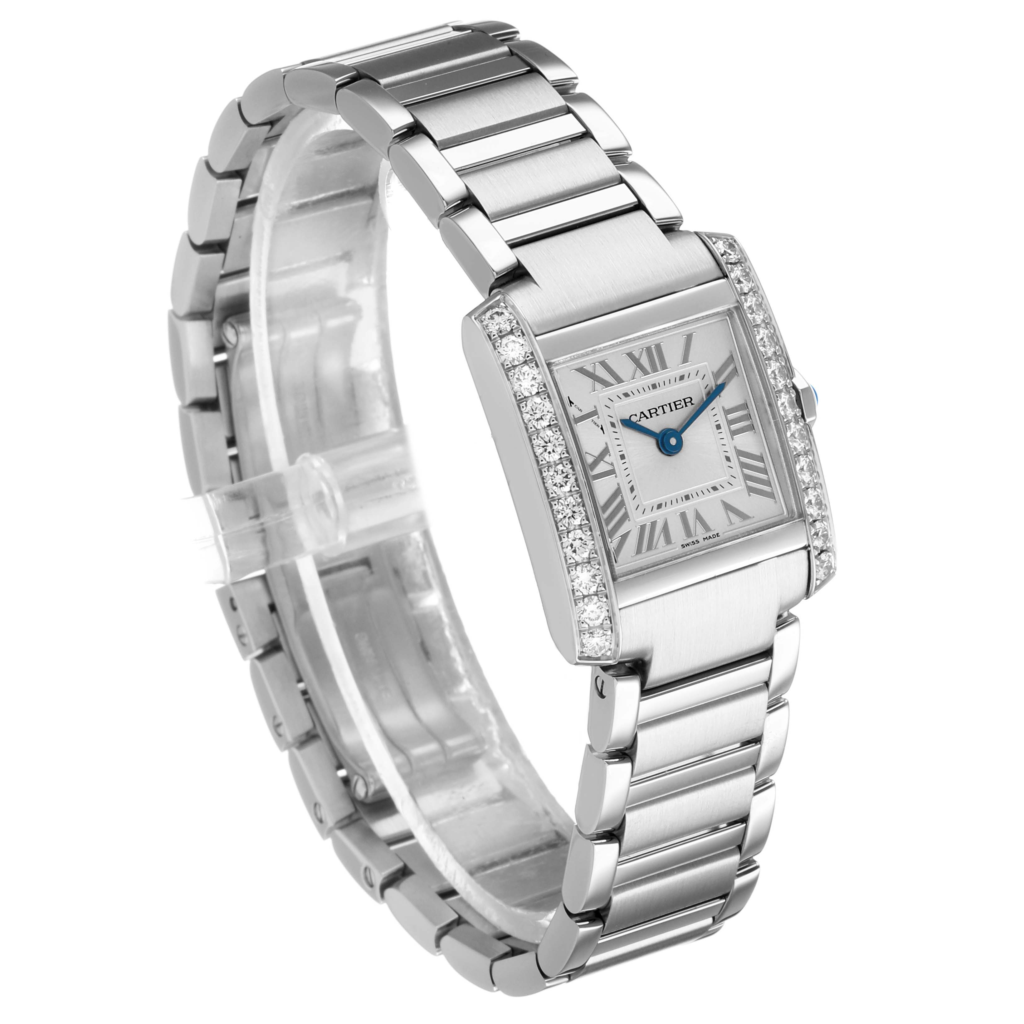 The Cartier Tank Française watch is shown at a three-quarter angle, displaying its face, bracelet, and diamond-accented bezel.