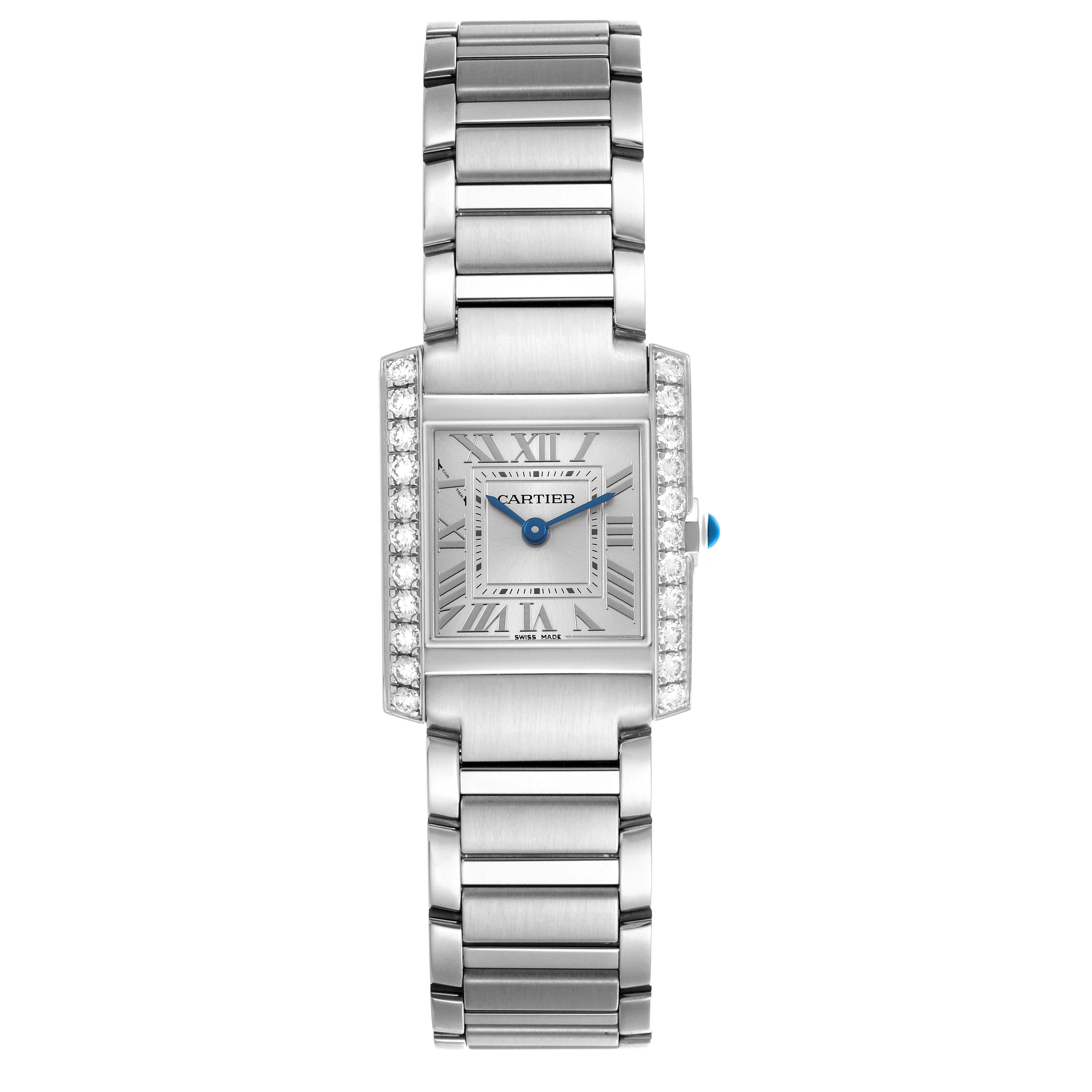 The Cartier Tank Francaise W4TA0020 Women's Stainless Steel Silver Dial watch is shown from a top view, highlighting the face, bezel, and bracelet.