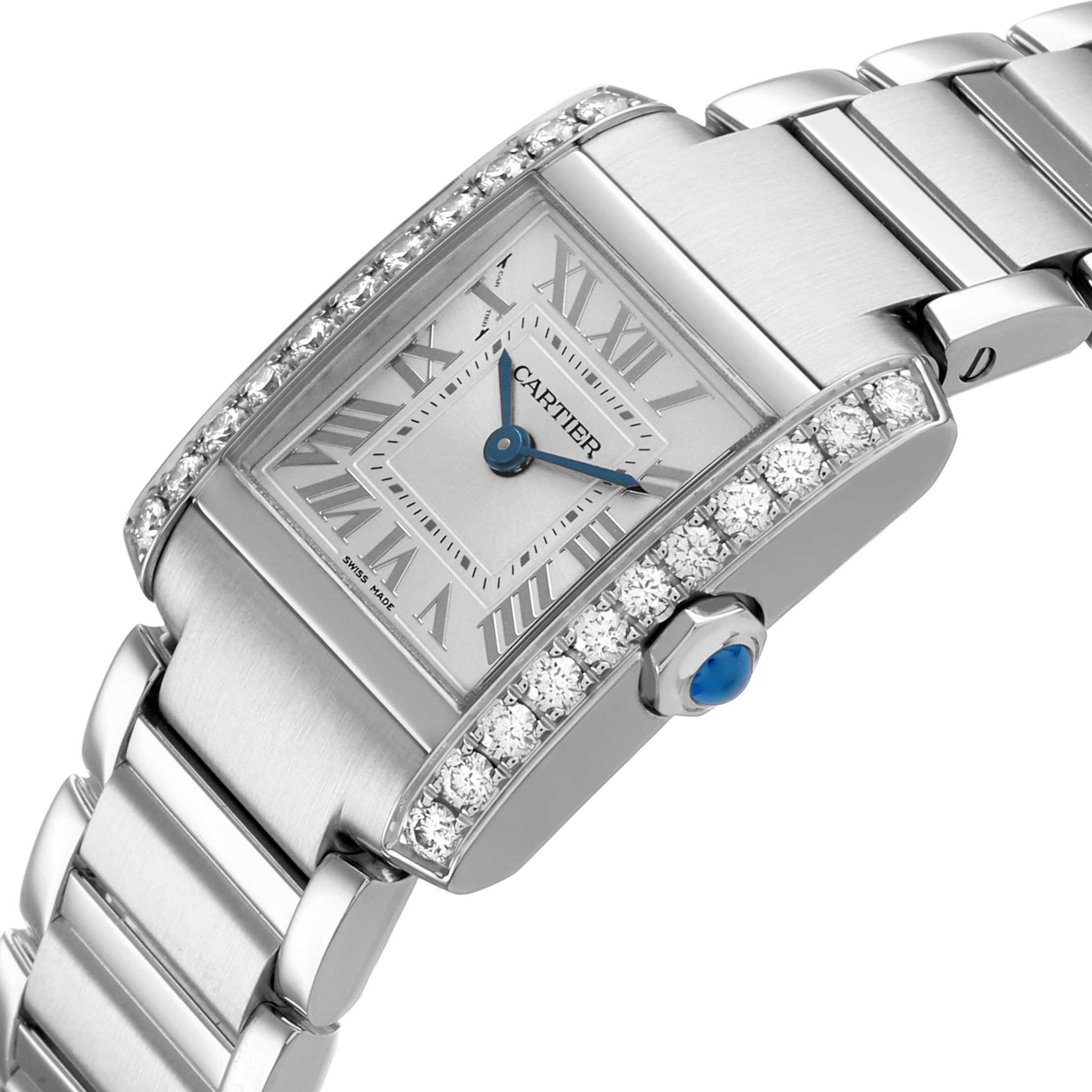 The Cartier Tank Francaise W4TA0020 Women's Stainless Steel Silver Dial is shown at an angle highlighting the face, diamond bezel, and blue cabochon crown.