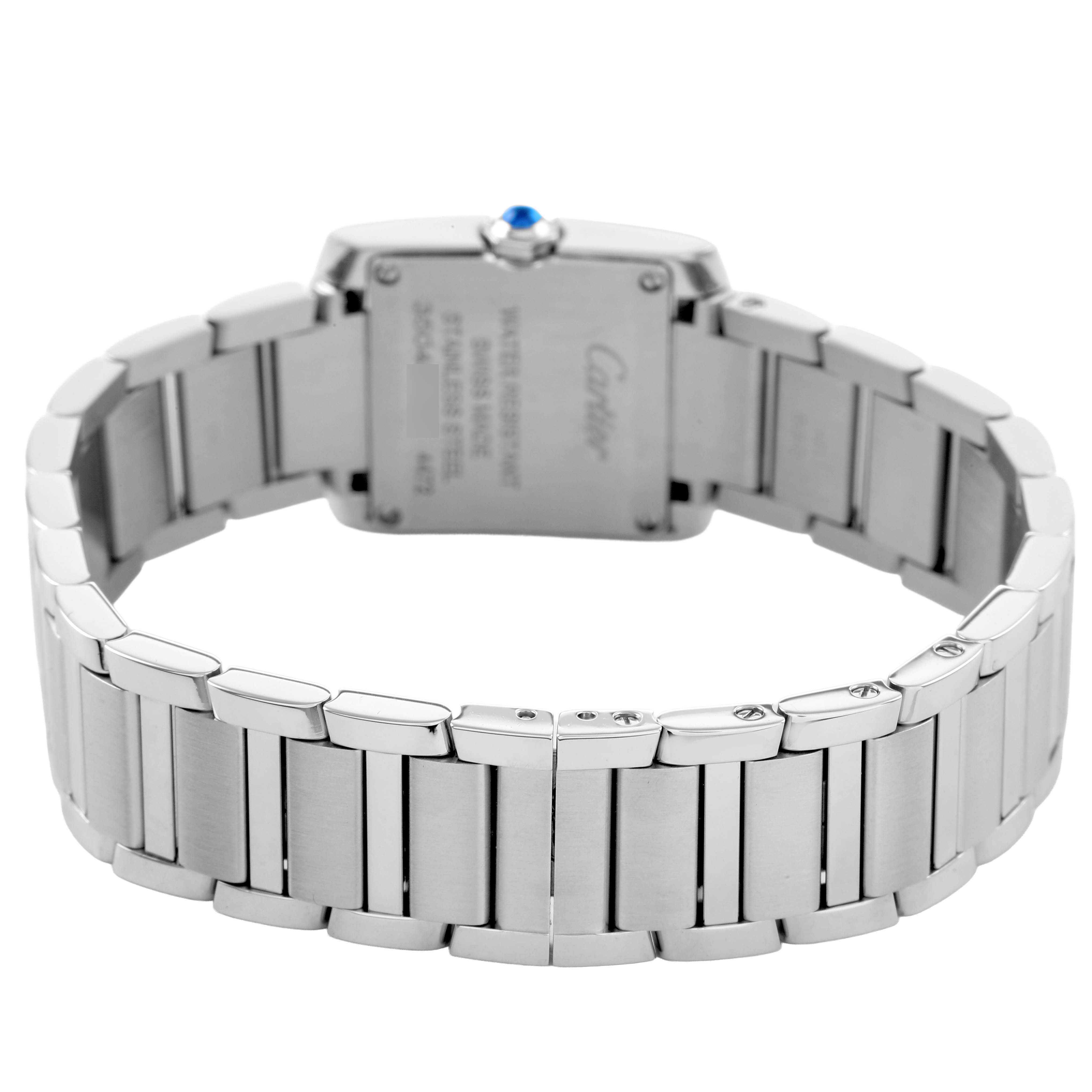 The image shows the back and bracelet of a Cartier Tank Francaise W4TA0020 Women's Stainless Steel Silver Dial watch, highlighting the stainless steel links.