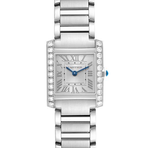 The Cartier Tank Francaise W4TA0020 Women's Stainless Steel Silver Dial watch is shown from a front view, highlighting its dial, bracelet, and diamond-encrusted bezel.