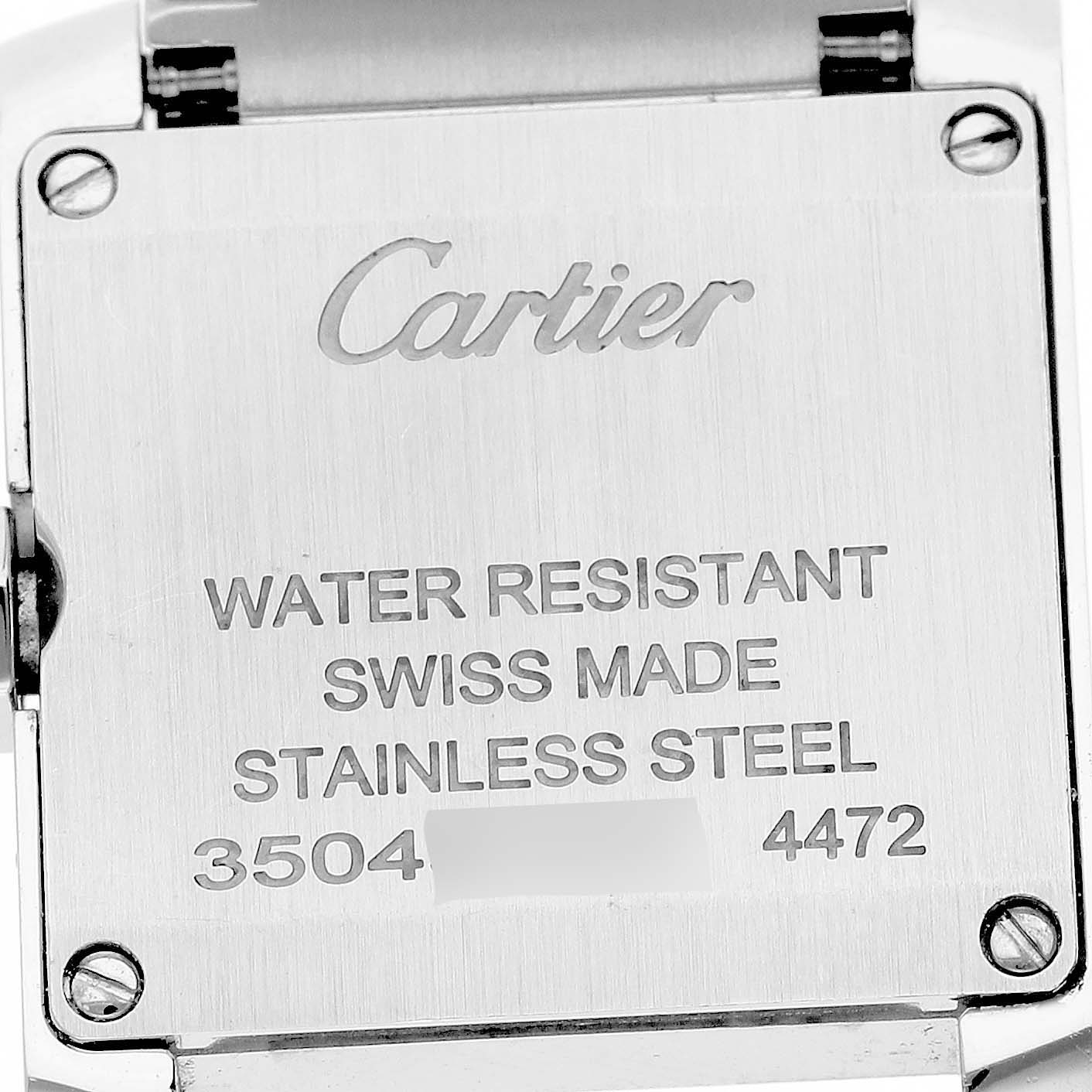 The image shows the back of a Cartier Tank Francaise W4TA0020 Women's Stainless Steel Silver Dial watch with branding and specifications.