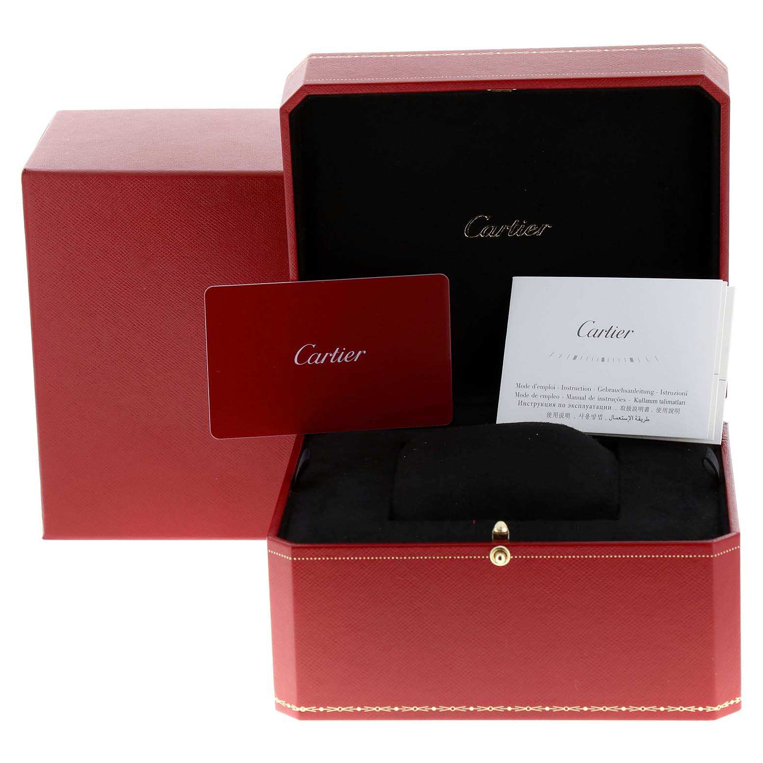 The image shows the packaging and documentation for a Cartier Tank Louis WGTA0011 Men's Rose Gold Silver Dial WGTA0011 Men's Rose Gold Silver Dial watch, including the red box and papers.