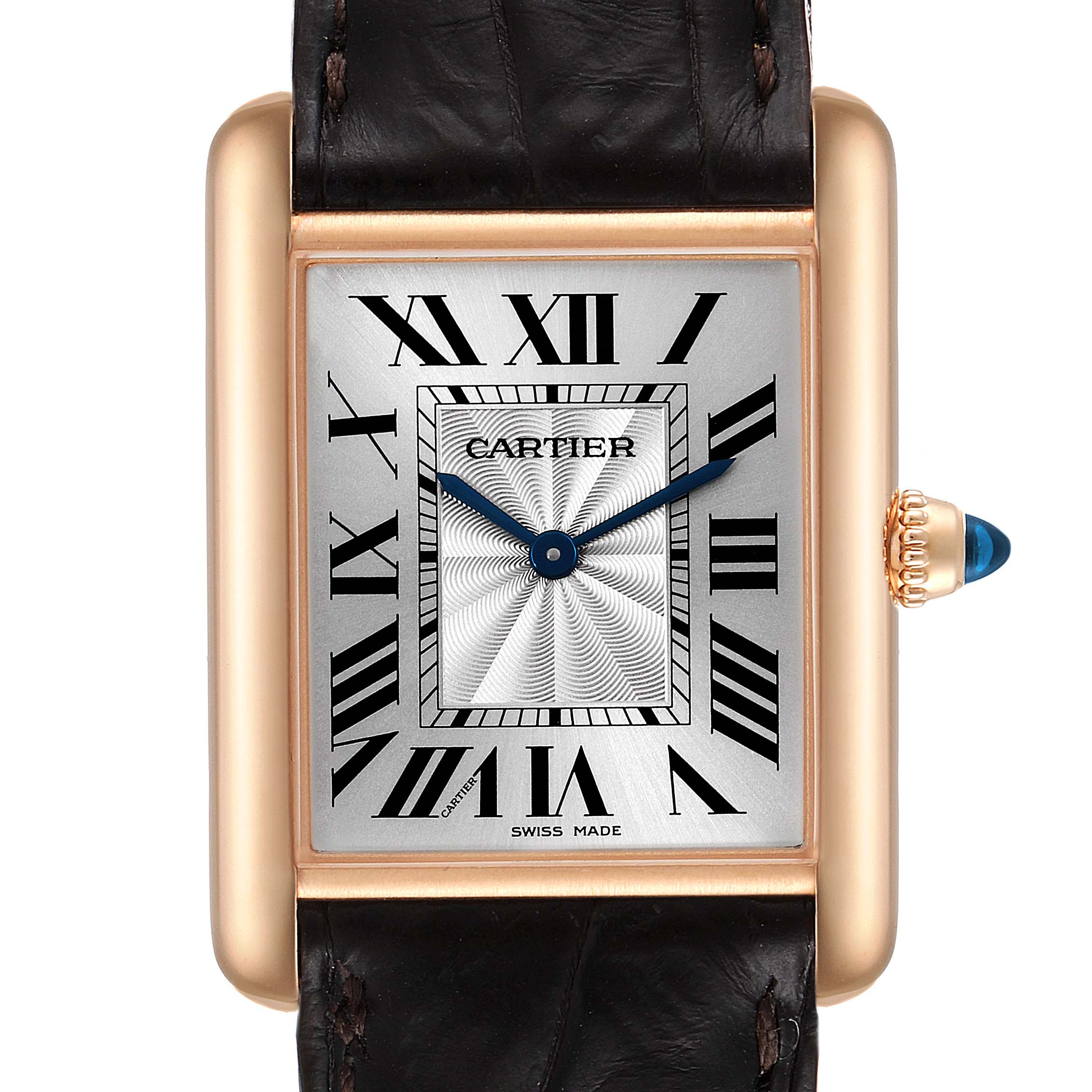 The image shows a front view of a Cartier Tank Louis WGTA0011 Men's Rose Gold Silver Dial WGTA0011 Men's Rose Gold Silver Dial watch, featuring its face, crown, and part of the strap.