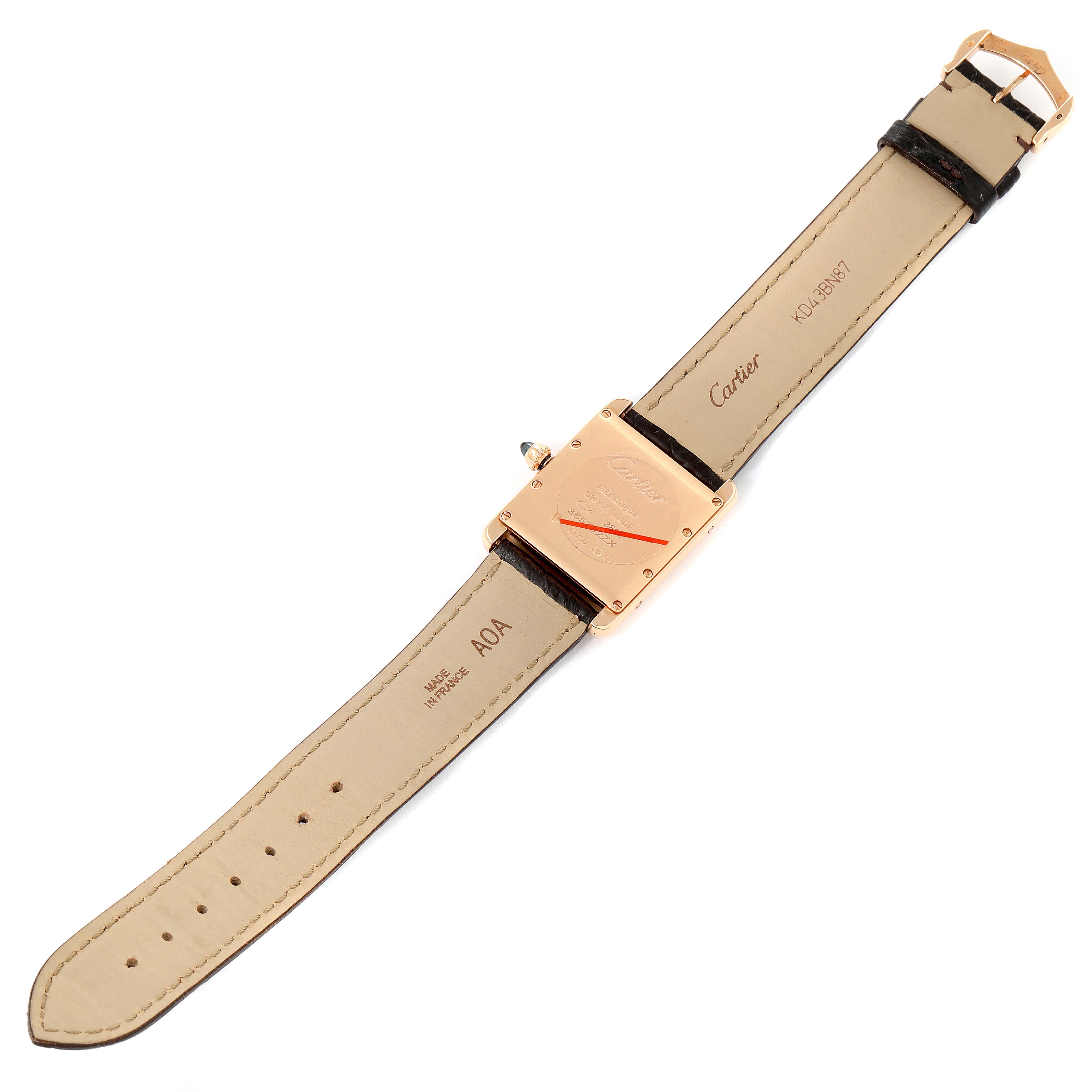 The image shows the back view of a Cartier Tank Louis WGTA0011 Men's Rose Gold Silver Dial WGTA0011 Men's Rose Gold Silver Dial watch, displaying the case back and leather strap.