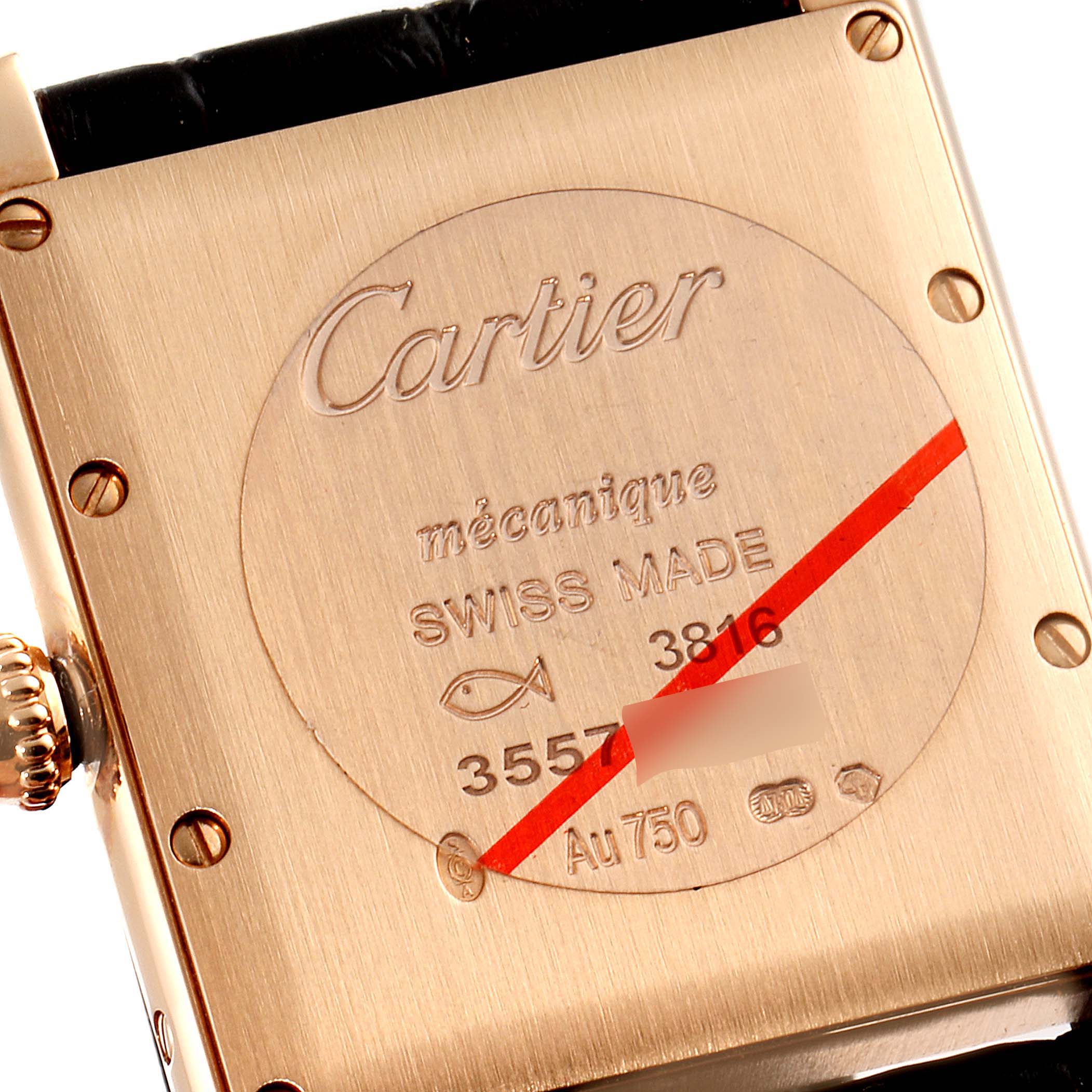The image shows the back case of a Tank Louis watch by Cartier, detailing the model's engravings and specifications.