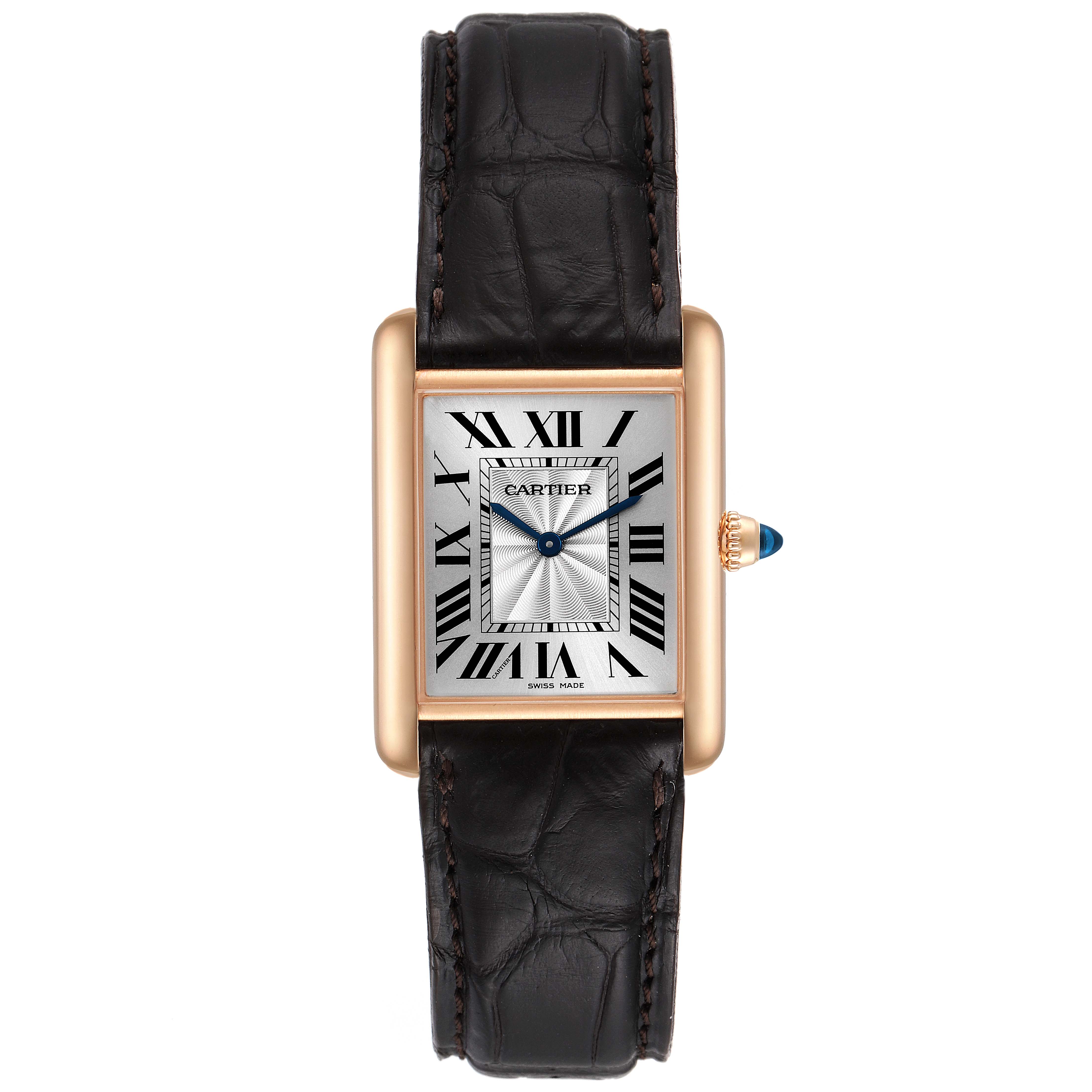 This image shows a front view of the Cartier Tank Louis WGTA0011 Men's Rose Gold Silver Dial WGTA0011 Men's Rose Gold Silver Dial watch, displaying its face, leather strap, and rectangular case.