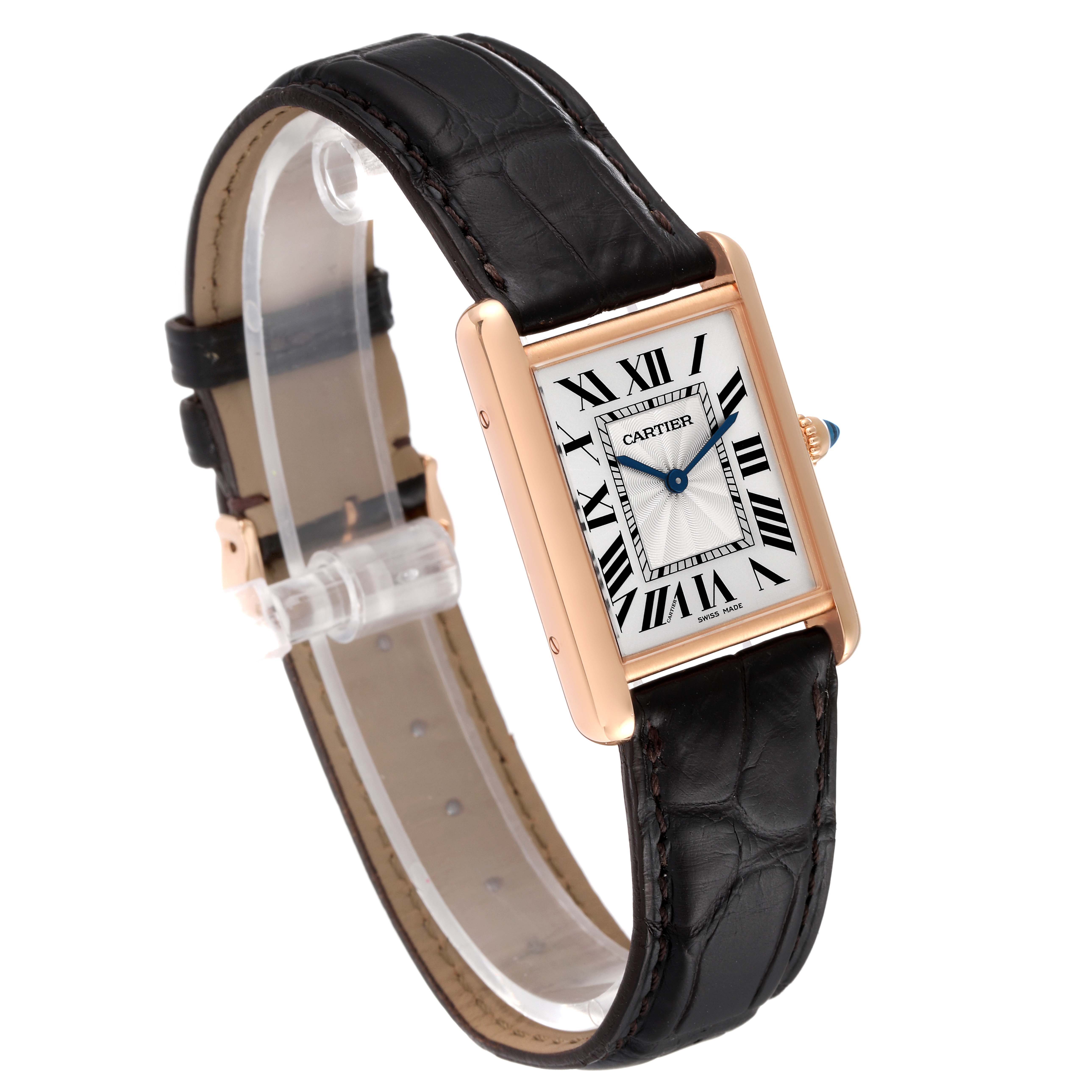 The image shows a Cartier Tank Louis WGTA0011 Men's Rose Gold Silver Dial WGTA0011 Men's Rose Gold Silver Dial watch at an angle emphasizing its face, strap, and side with a visible crown.