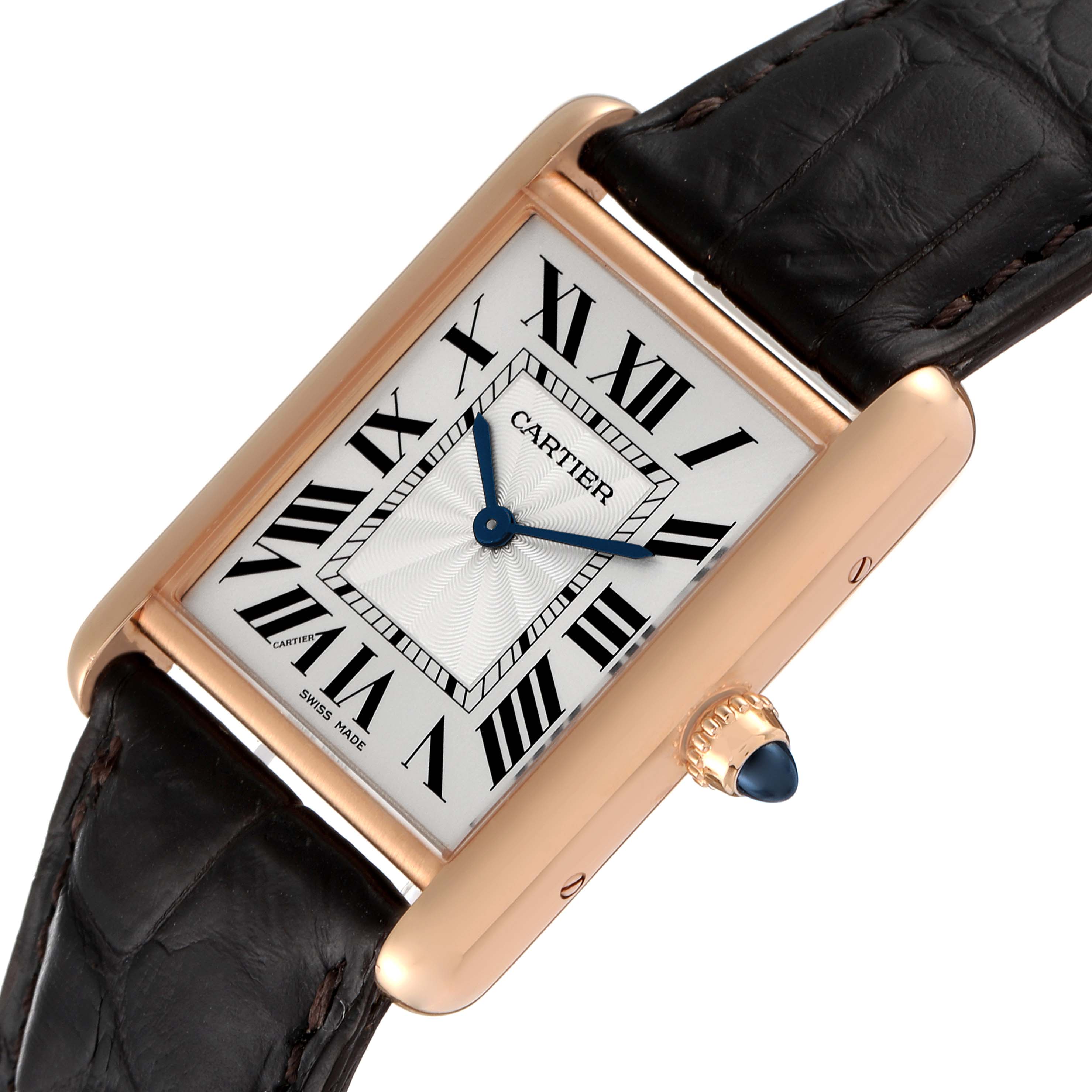 The image shows a top view of a Cartier Tank Louis WGTA0011 Men's Rose Gold Silver Dial WGTA0011 Men's Rose Gold Silver Dial watch with a rose gold case, white dial, black Roman numerals, and black leather strap.
