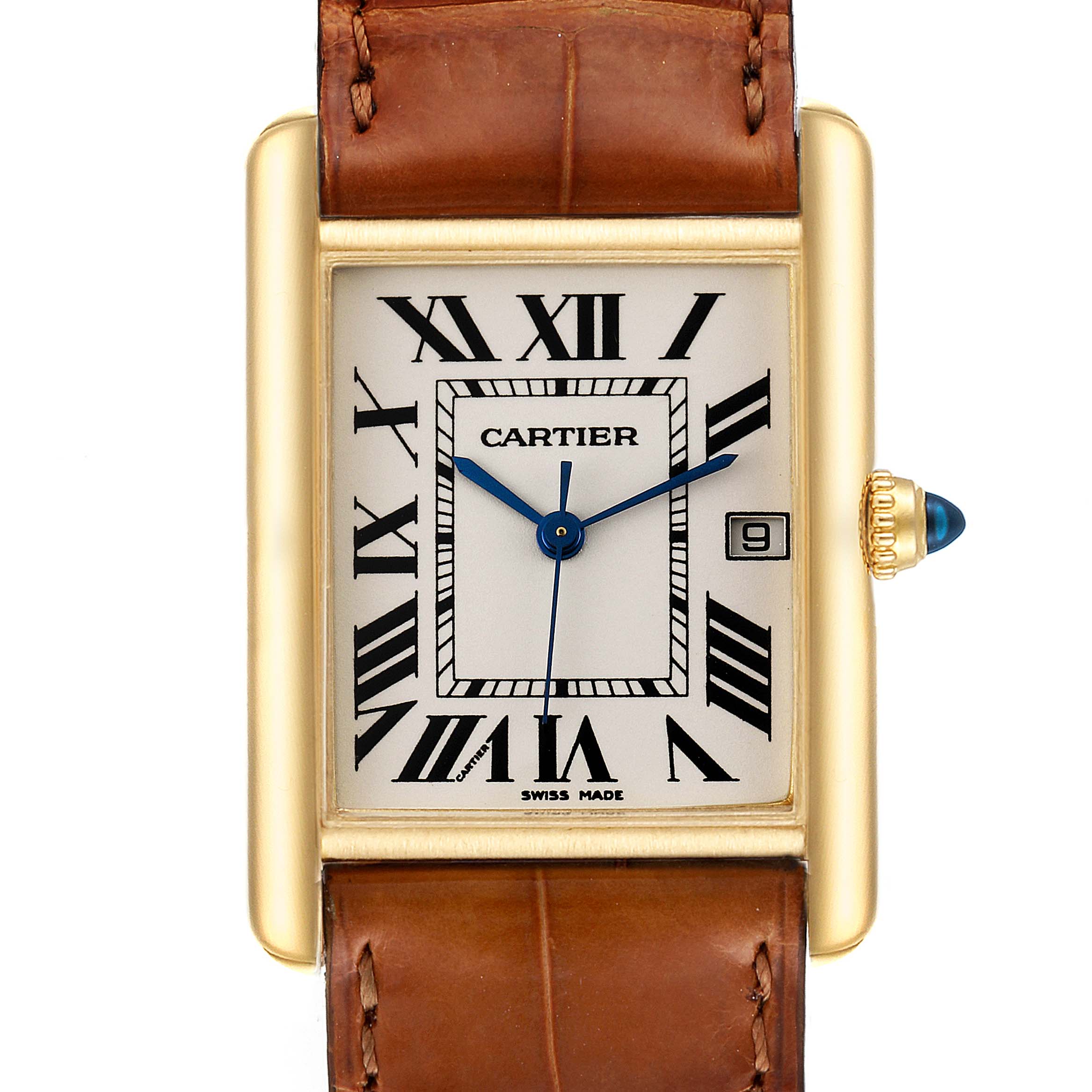 The image shows a front view of the Cartier Tank Louis W1529756 Men's Yellow Gold Silver Dial W1529756 Men's Yellow Gold Silver Dial watch, highlighting its rectangular face, Roman numerals, and brown leather strap.