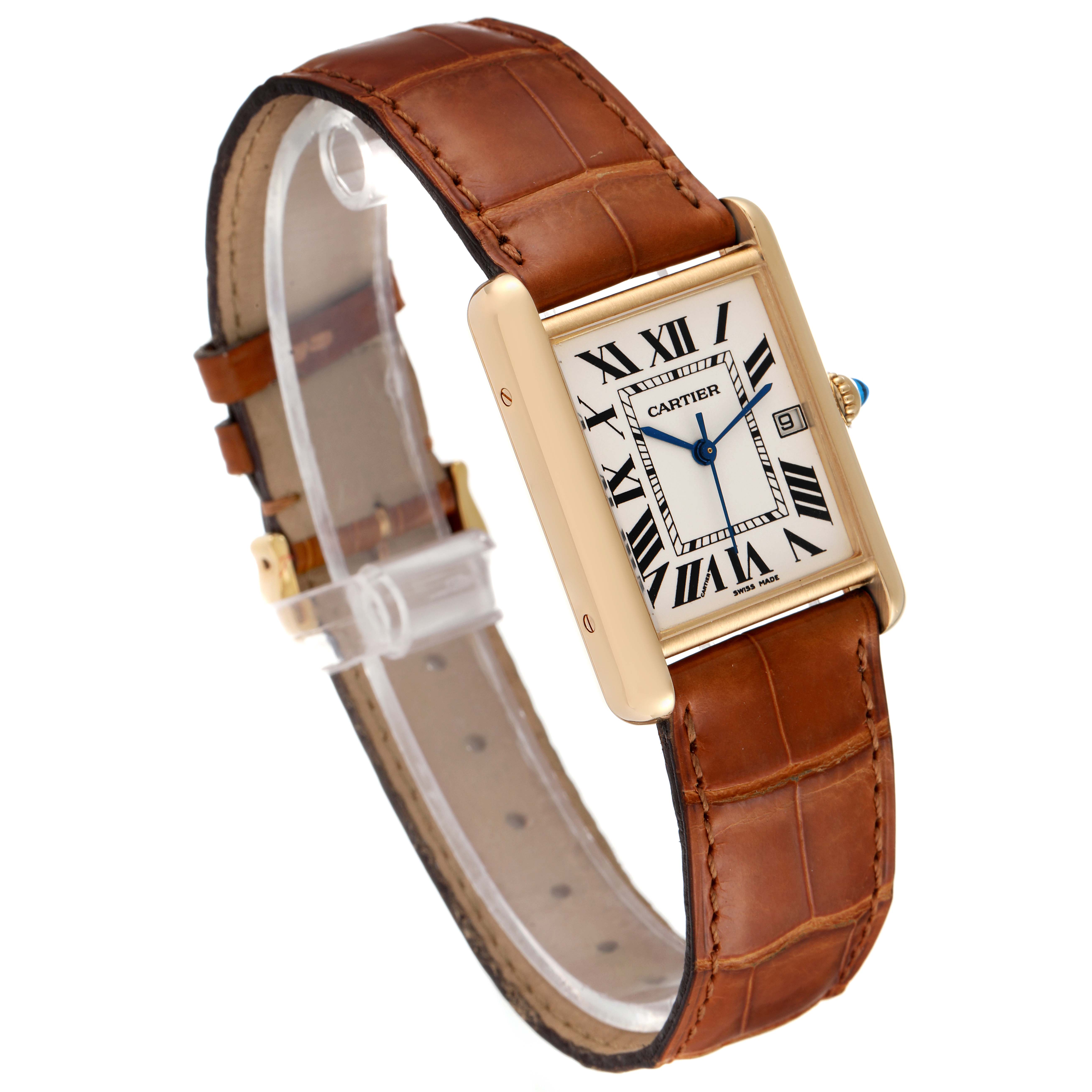 This image shows a Cartier Tank Louis W1529756 Men's Yellow Gold Silver Dial W1529756 Men's Yellow Gold Silver Dial watch at a side angle, highlighting the face, strap, and crown.