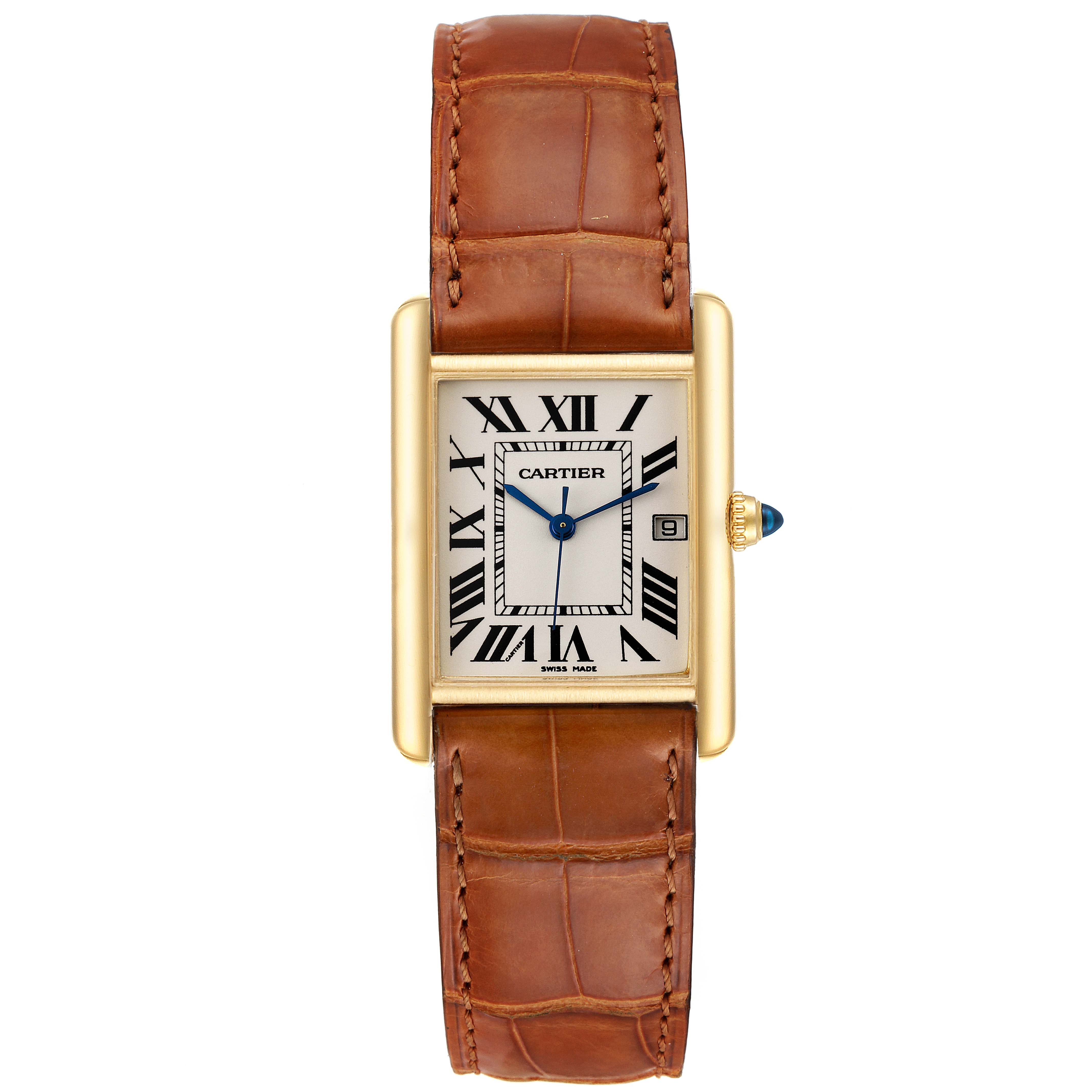 This is a straight-on view of a Cartier Tank Louis W1529756 Men's Yellow Gold Silver Dial W1529756 Men's Yellow Gold Silver Dial watch, showcasing its dial, brown leather strap, and gold casing.