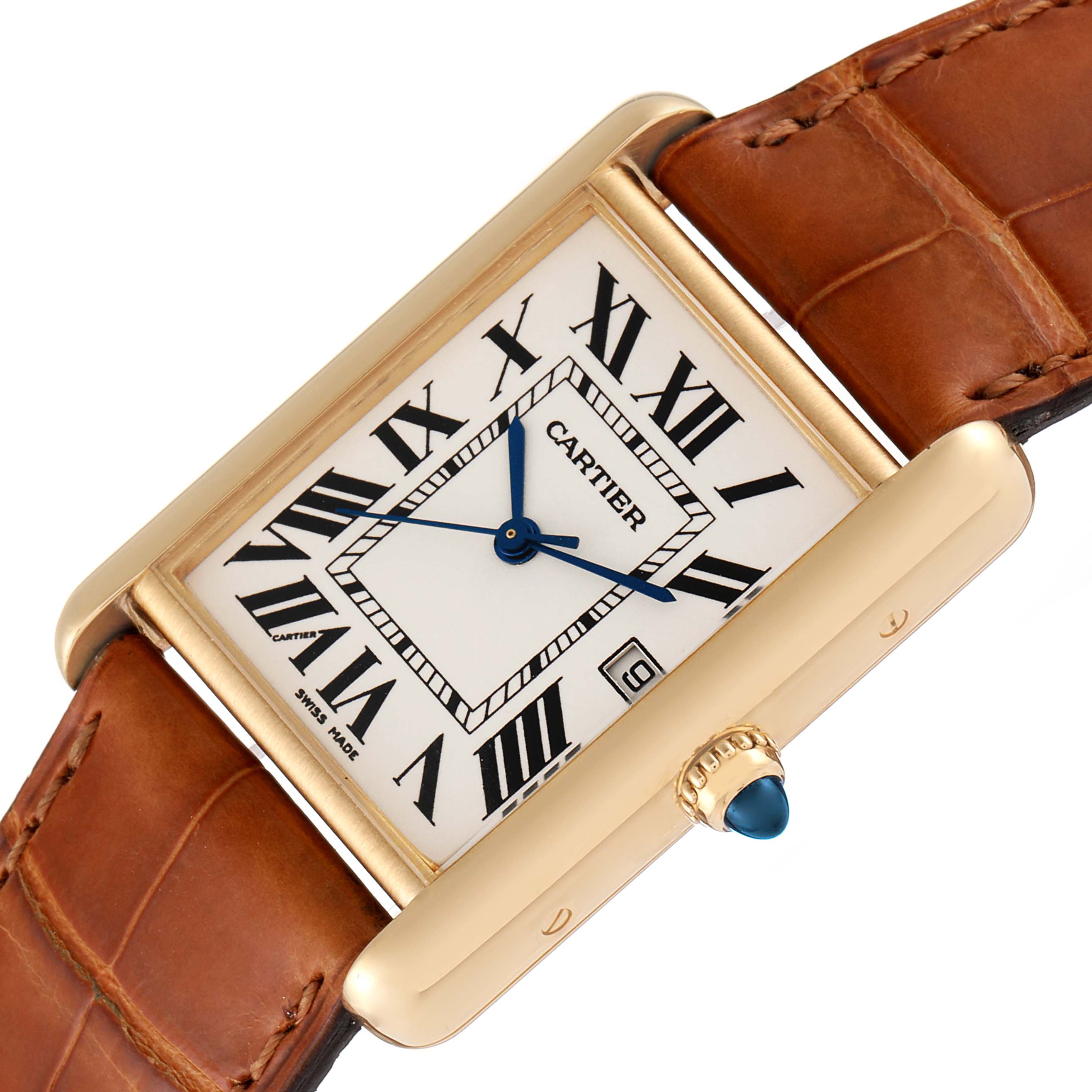 The image shows an angled top view of the Cartier Tank Louis W1529756 Men's Yellow Gold Silver Dial W1529756 Men's Yellow Gold Silver Dial watch, displaying the face, crown, and leather strap.