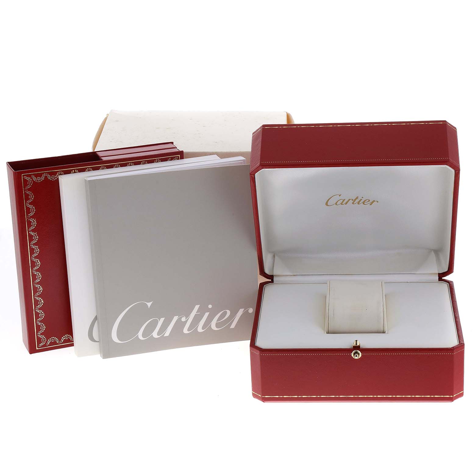 The image shows the packaging and accessories, including the box and booklets, for the Cartier Tank Louis W1529756 Men's Yellow Gold Silver Dial W1529756 Men's Yellow Gold Silver Dial model watch.