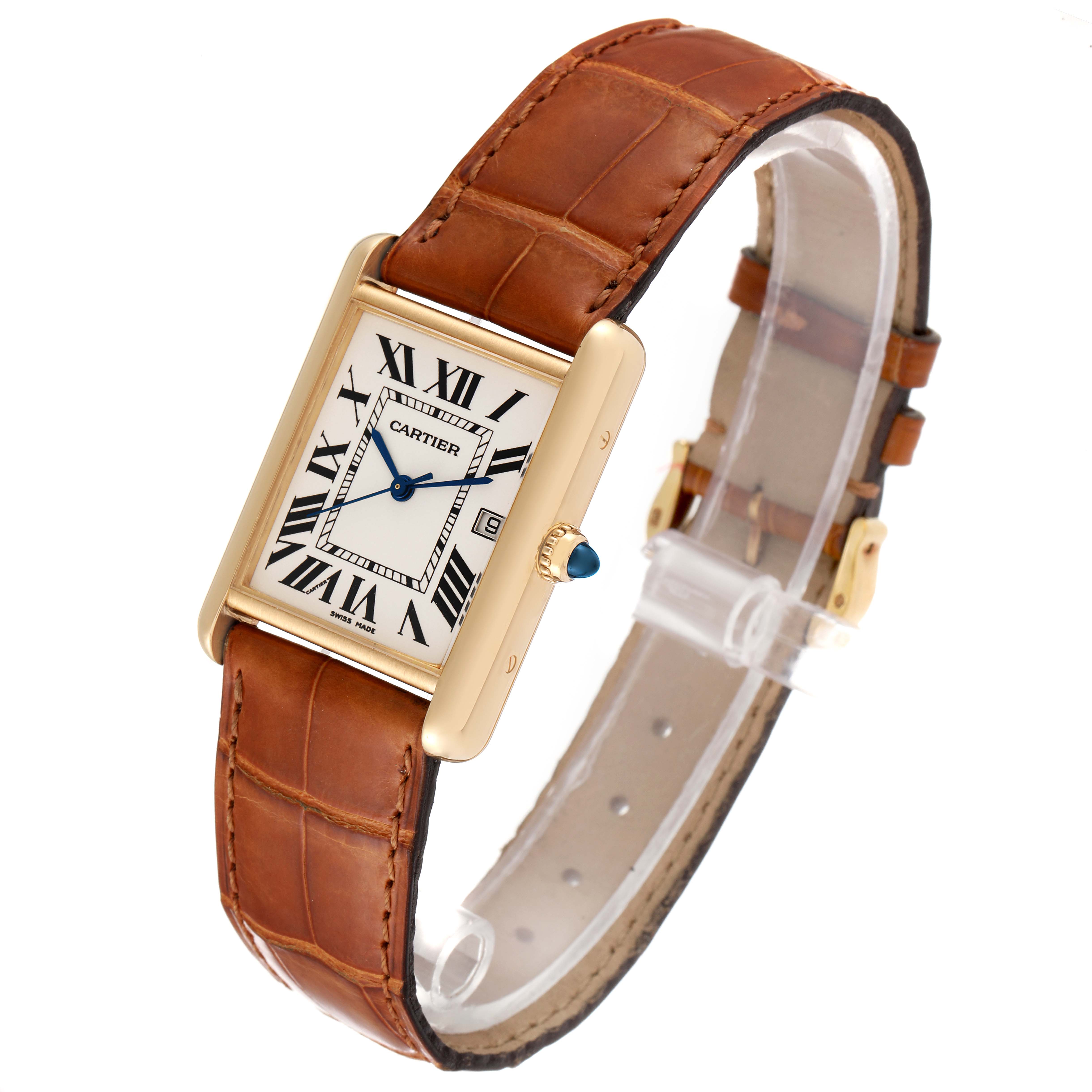 The image shows a Cartier Tank Louis W1529756 Men's Yellow Gold Silver Dial W1529756 Men's Yellow Gold Silver Dial watch angled to display its face, crown, and brown leather strap.